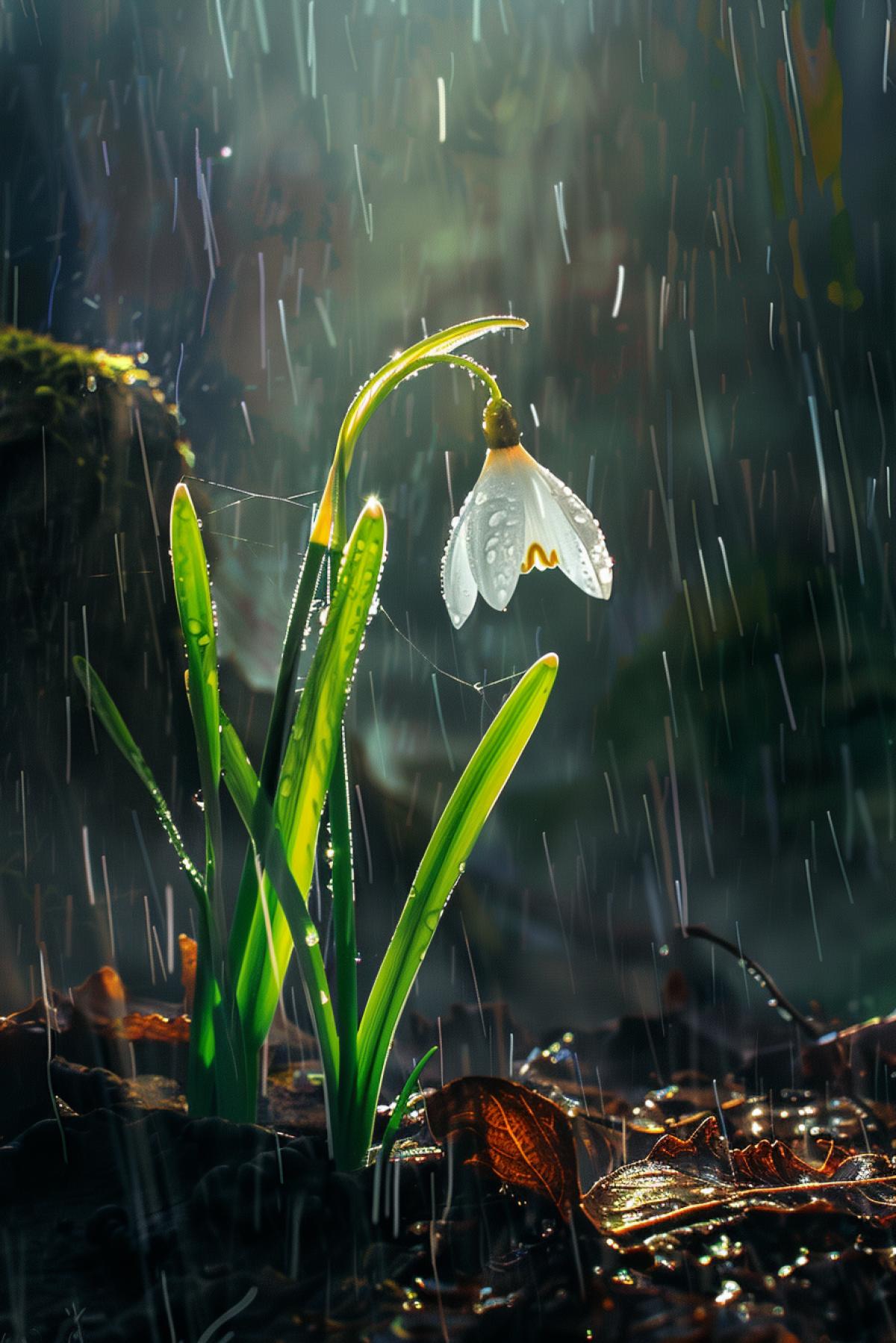 8k, oil paint, realistic, half fantasy, 70%of light. a Snowdrop in middle, a light hit from the right top corner. Raining weather.