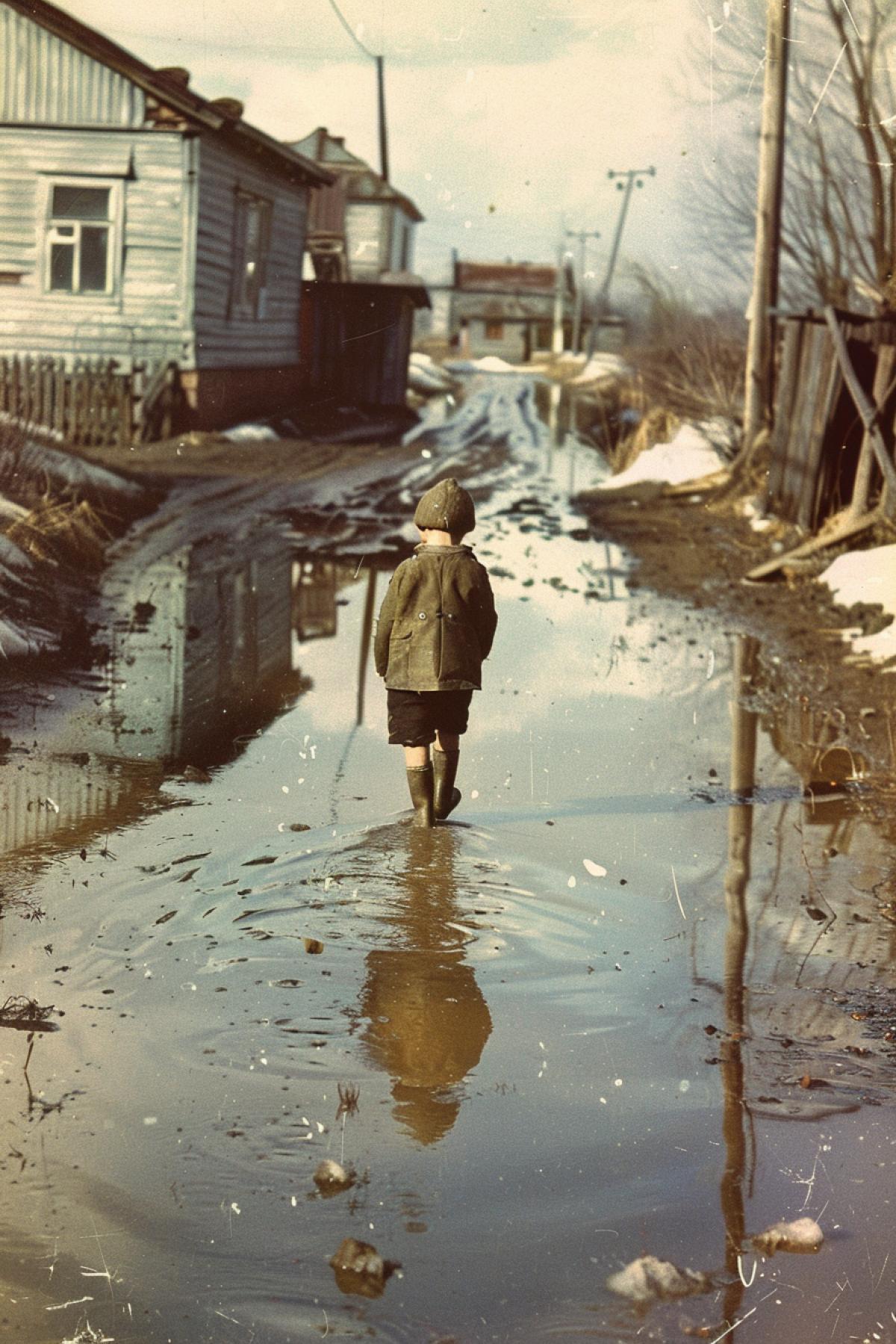 old Soviet color photograph, a boy in boots walks through a puddle, early spring, village
