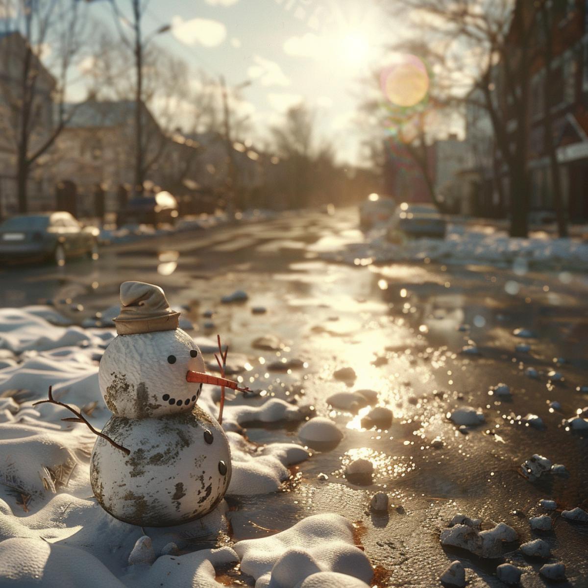 early spring, melting snowman in the morning sunlight, streams from melting snow flowing down the street, nice atmosphere, highly detailed, photorealistic, octane rendering