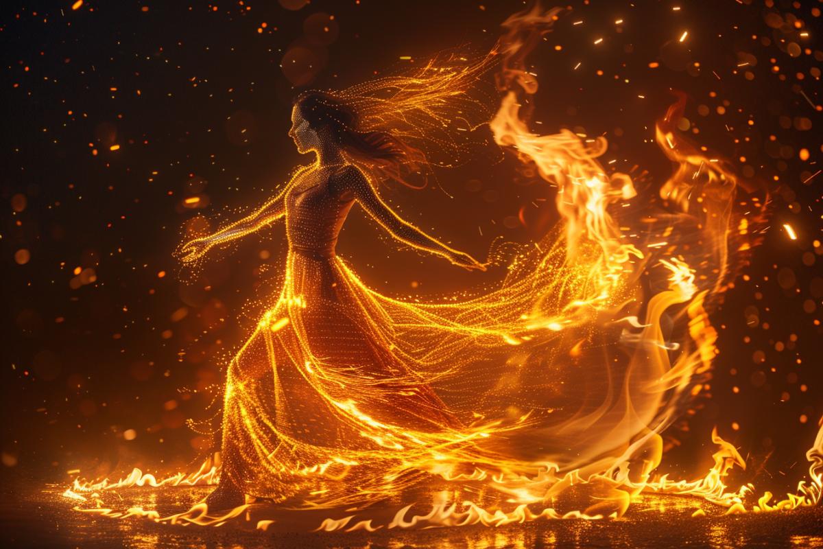 A girl made of fire and dancing in a dress