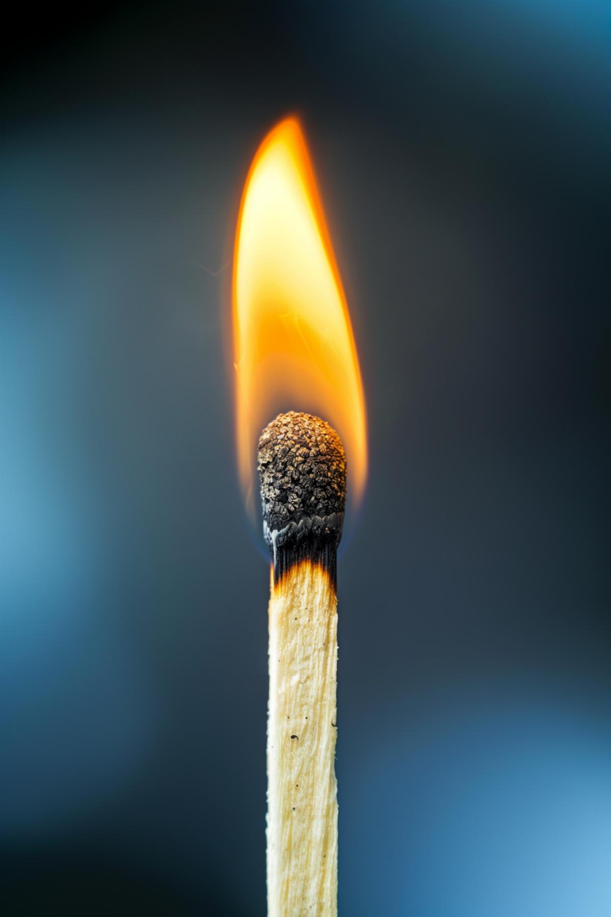 Burning match close-up, mesmerizing flame