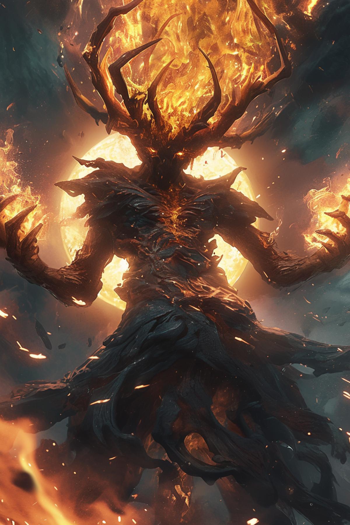 fire elemental bursting out of the ground, magic style, fantasy, dark fantasy, horror and darkness, action volume, by Gerald Brom, highly detailed, packed with hidden details, style, high dynamic range, hyper realistic, realistic attention to detail, highly detailed, 32K, intense close ups, uhd image, realism, colorful realism