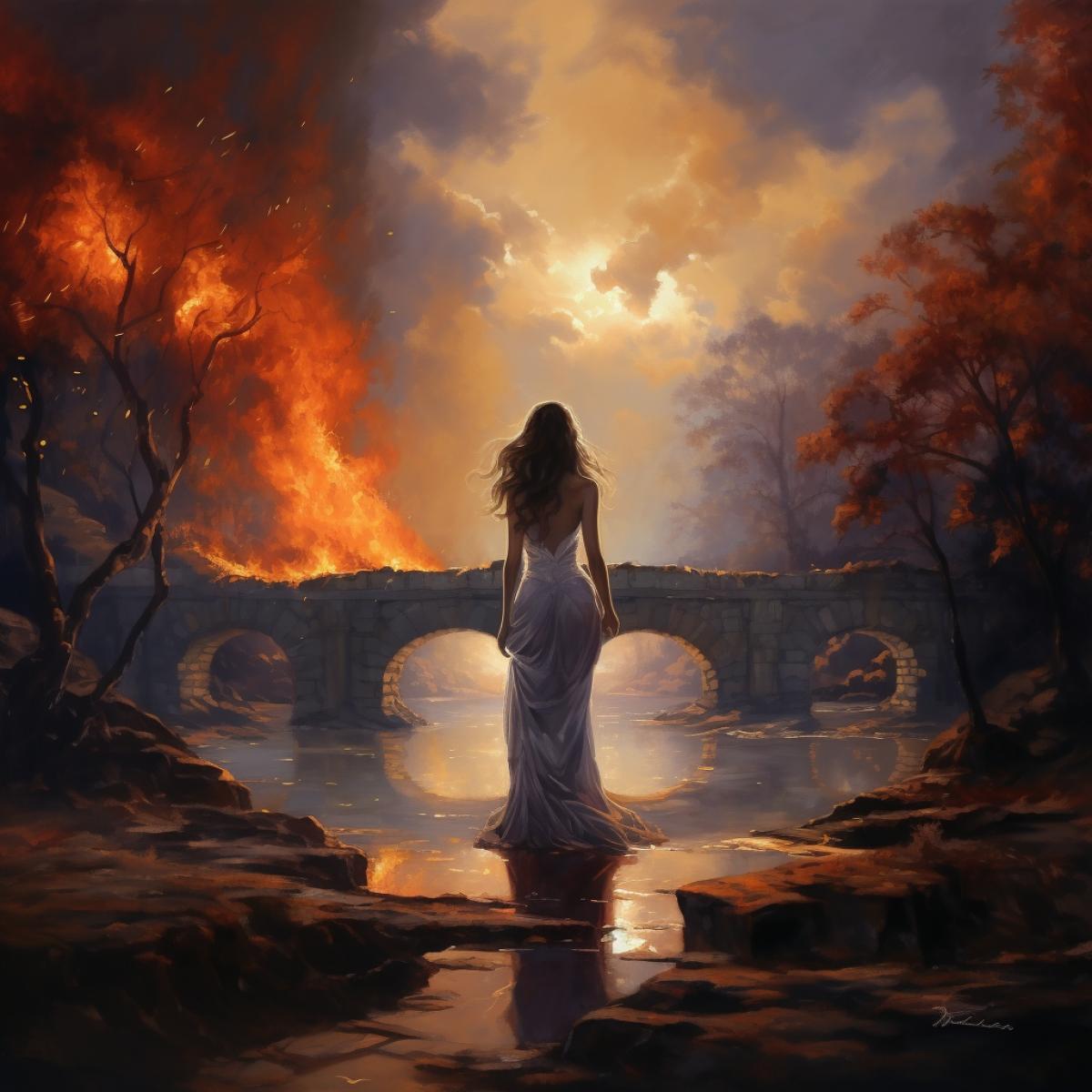 a fabulous stone bridge burning, high definition, ruslan lobanov, magali villeneuve,