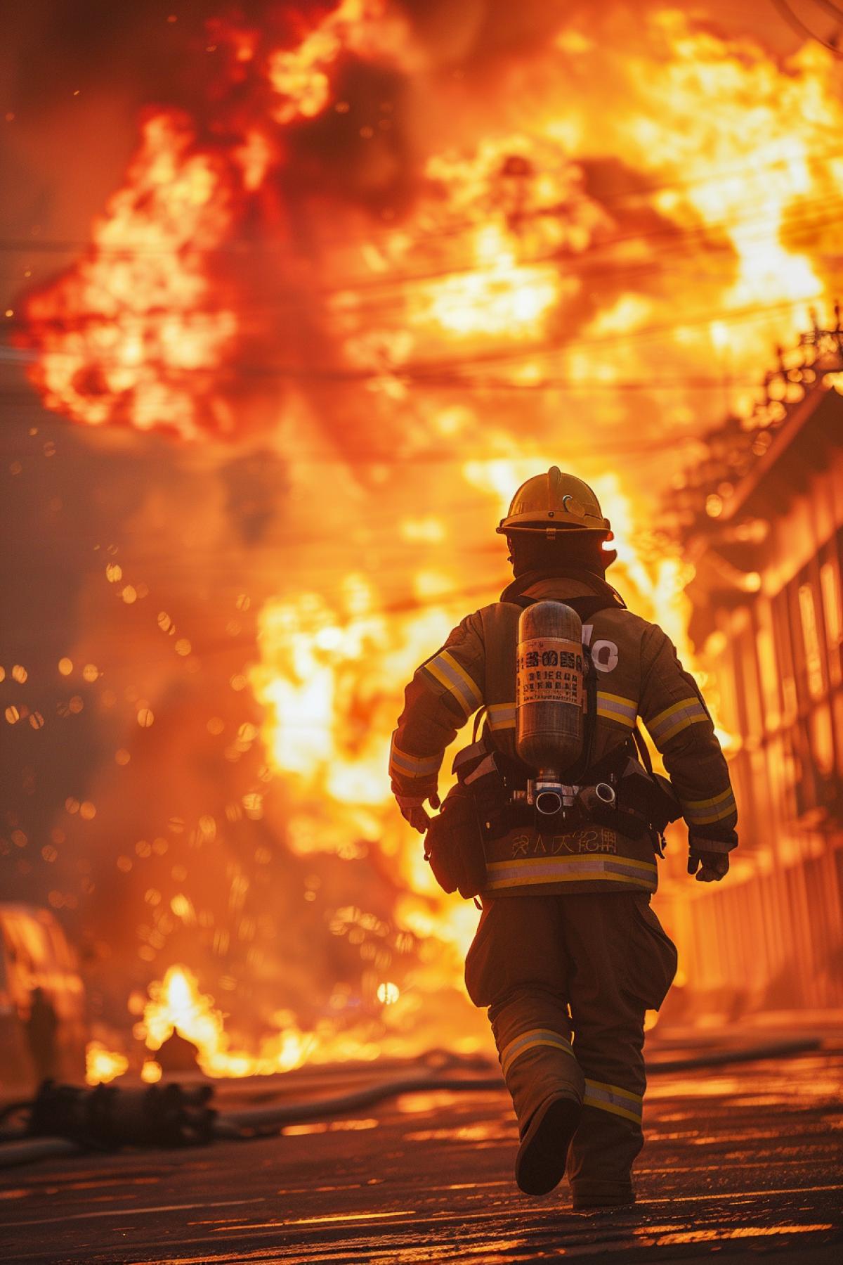 A brave and handsome chinese firefighter, risking his life, urgently sprints towards the massive flames at the intense fire scene, captured in a full-body shot from behind.
