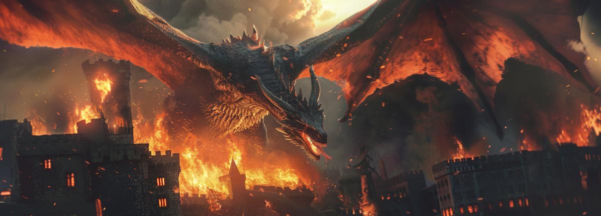 A huge fire-breathing dragon flies over a medieval city, flames erupt from its mouth, dangerous and hish, dynamic scene, fire consumes the city, rich colors, breathtaking, highly detailed, photorealistic