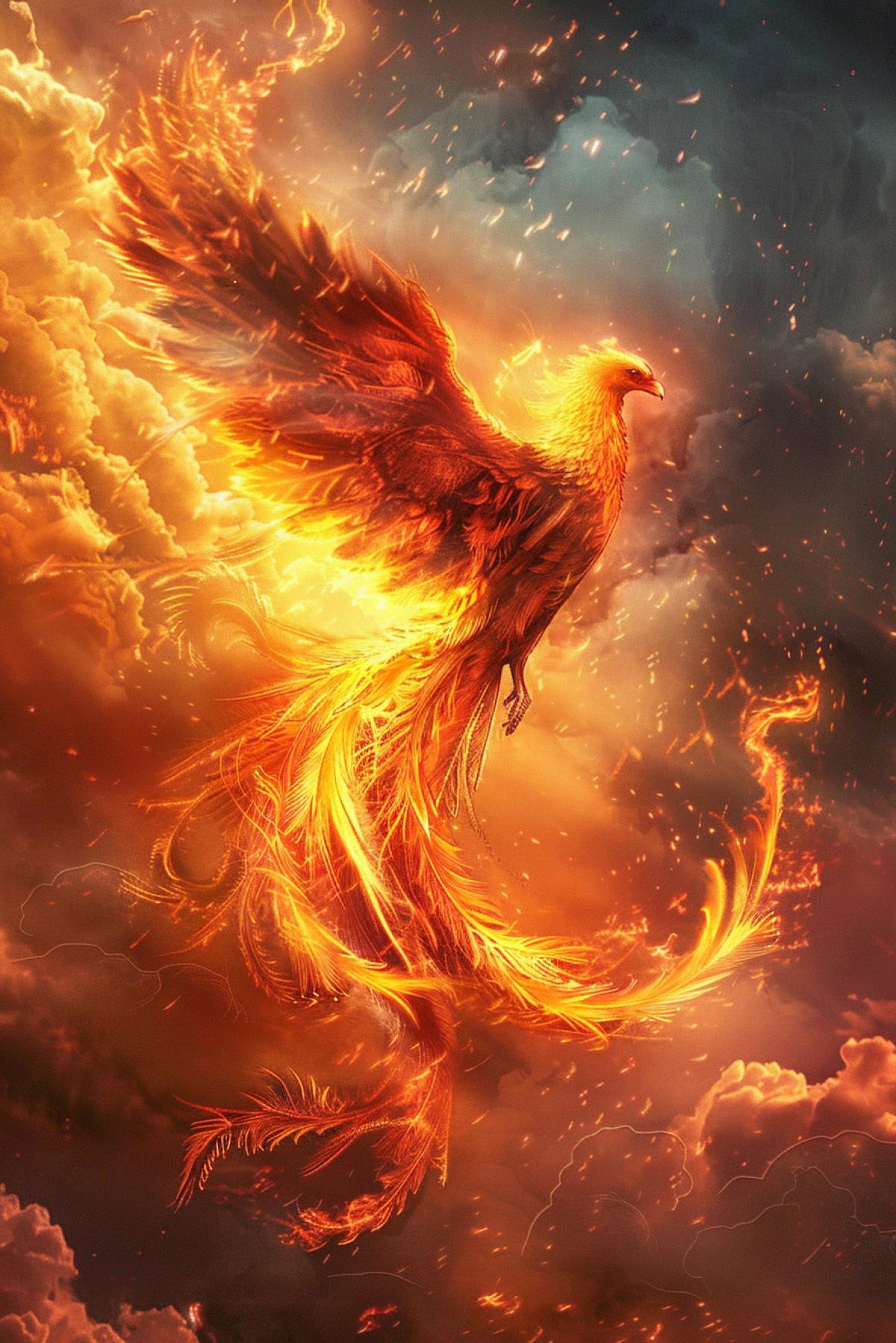 the burning Phoenix bird flies in the clouds and brings hope. two parallel worlds