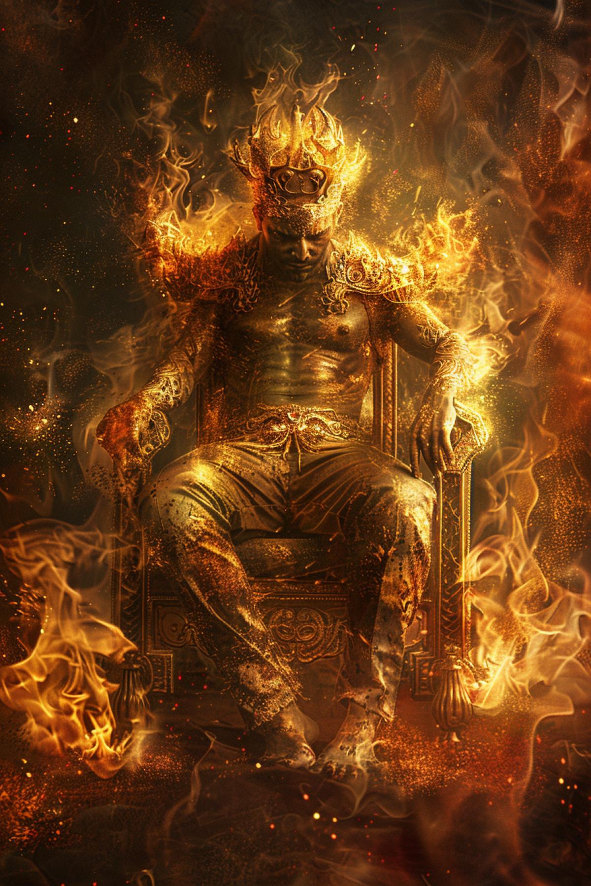 mortal sin pride sits on the throne, fire, arrogance, vanity, golden matte color