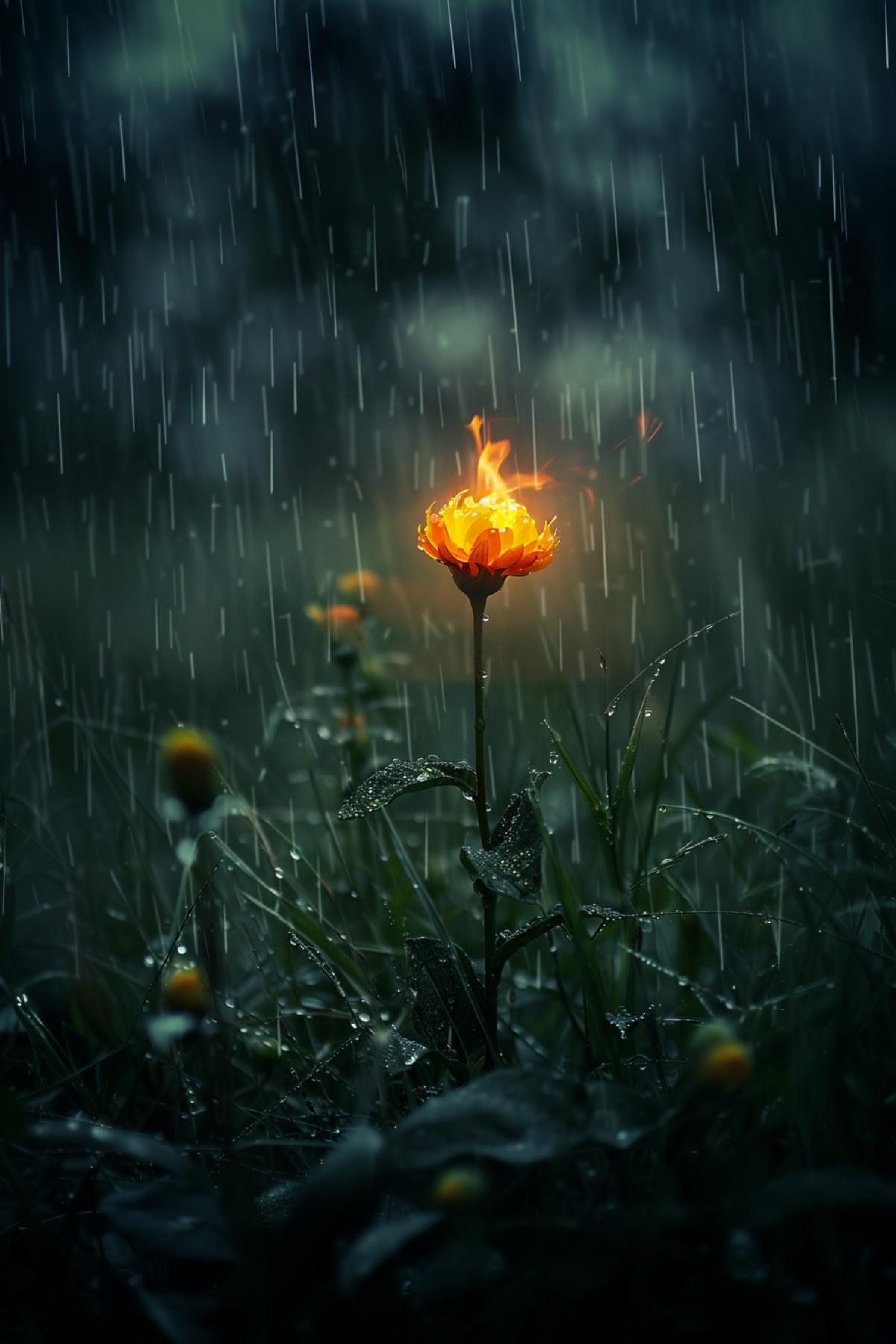beautiful burning flower in a field, rain, flower in the foreground