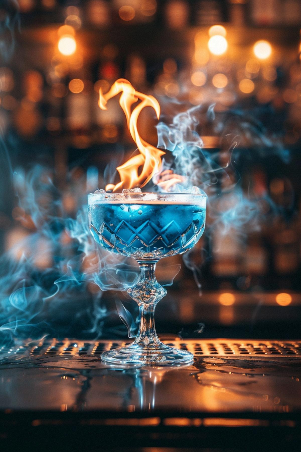 Cocktail fire chill, blue liquid burning fire on top, bar top
