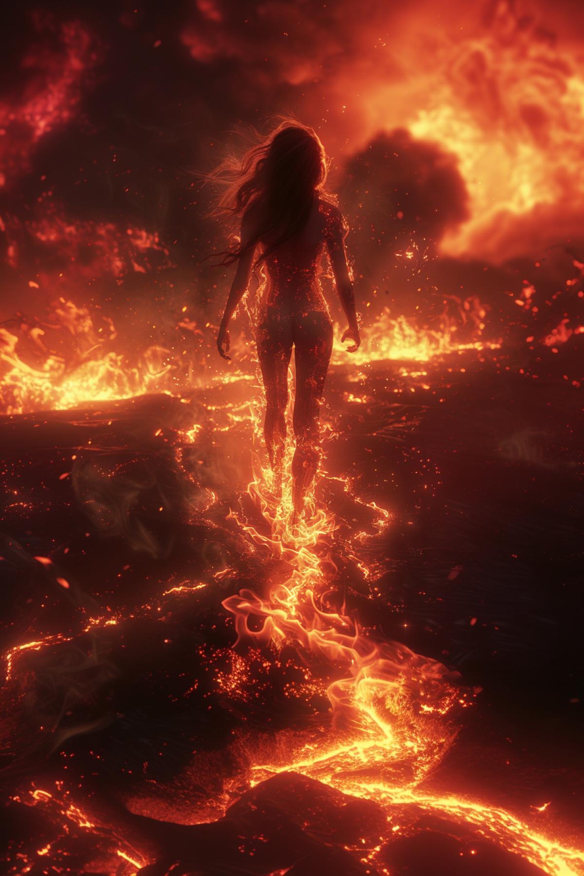 Fire nymph, fire nymph, fire skin, hot, fire skin, red magma skin, magma, magma boots, long legs, fire genie, explosion background, high quality, red light