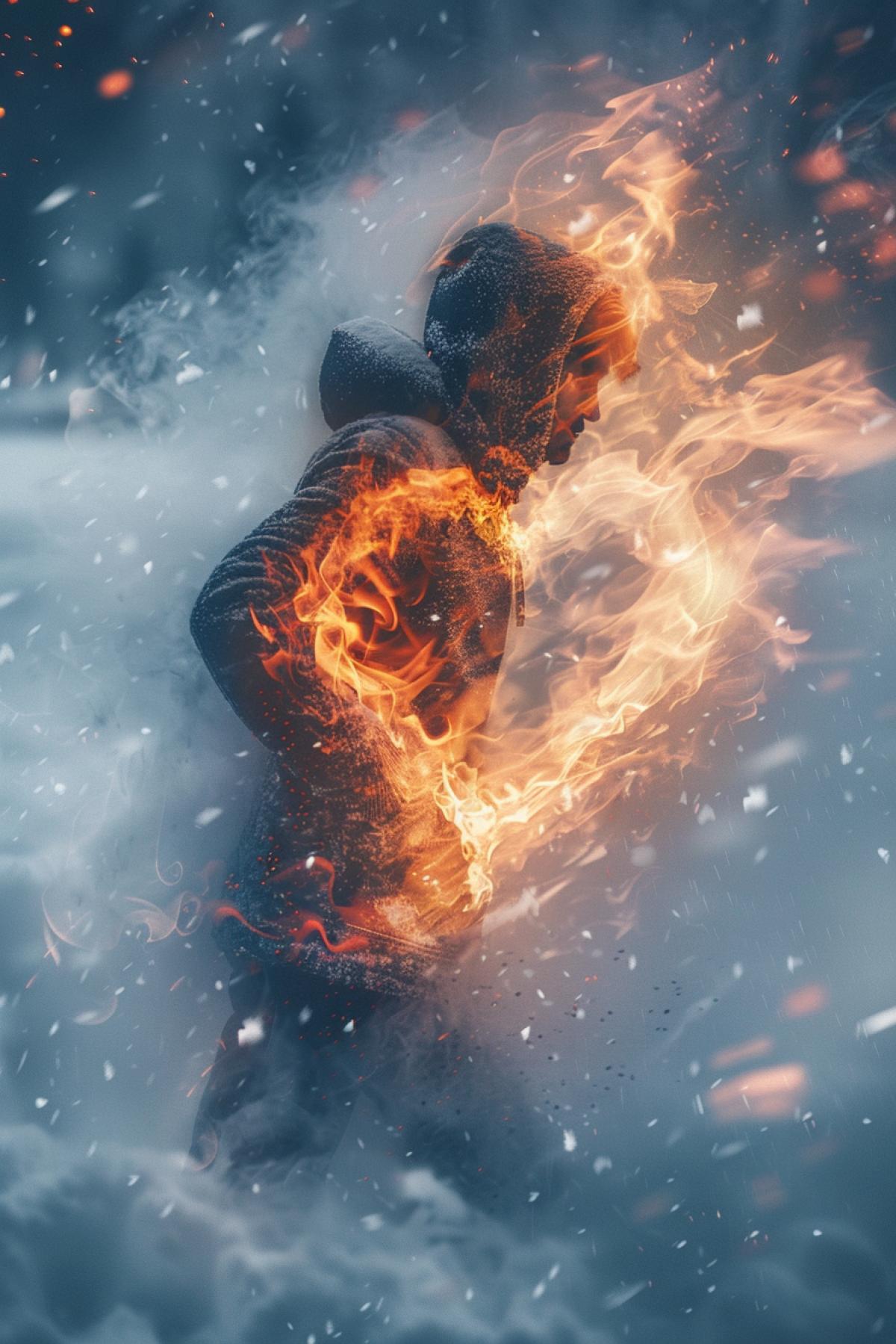 A fiery man crawls out of the ice, a fiery genie in the ice, a burning heart, snow around, against the backdrop of a blizzard, winter, cold