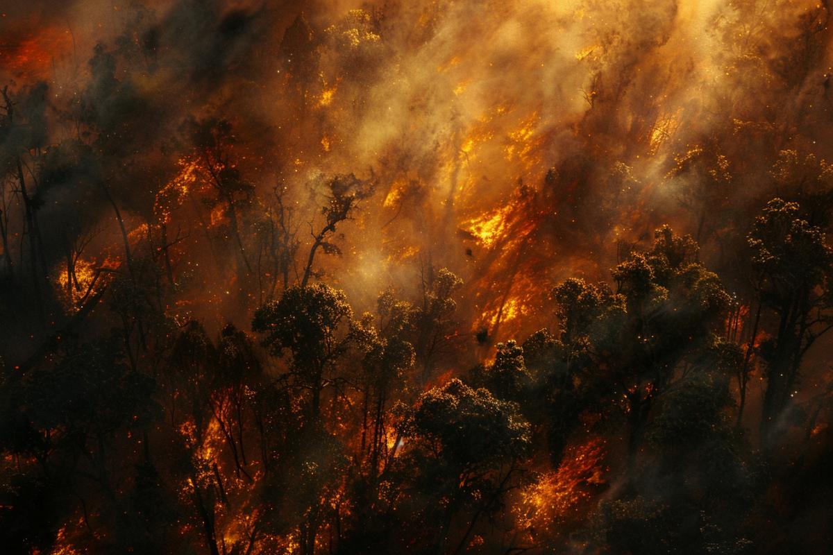 a fantasy forest fire burns near trees, atmospheric interpretation the, the earth is burning, aerial anglea, fire is burning near trees and stumps, dark, forebodingi landscapes, dark orange and light beige, miwa komatsu, magali villeneuve, plein-air, aerial angle
