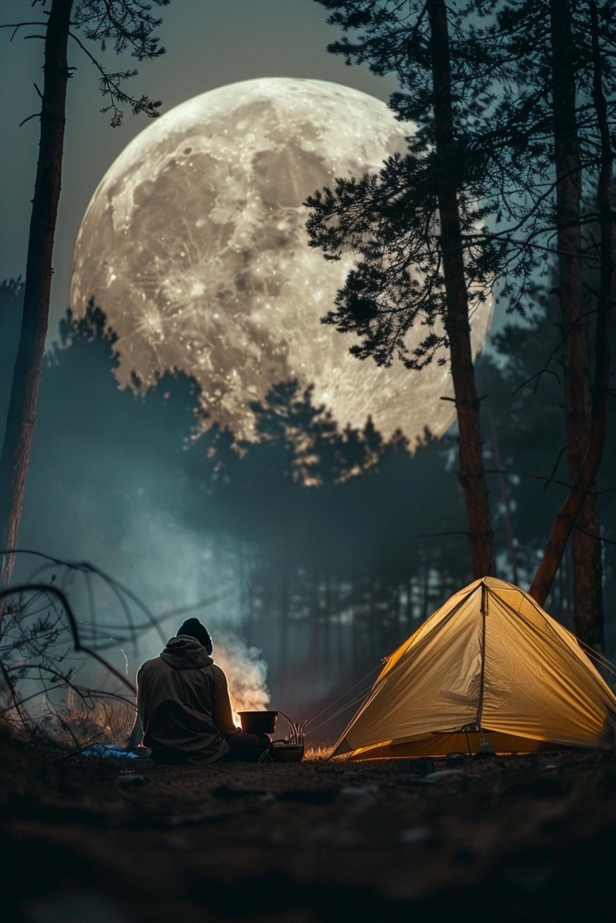Night in the forest, a man sits near a tent, a huge moon