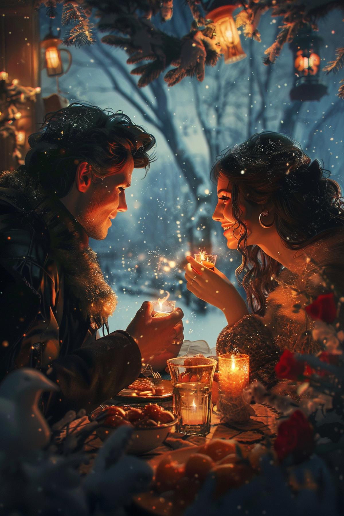 Quiet cozy evening, two joyful man and woman, romantic dinner, flowers, candles