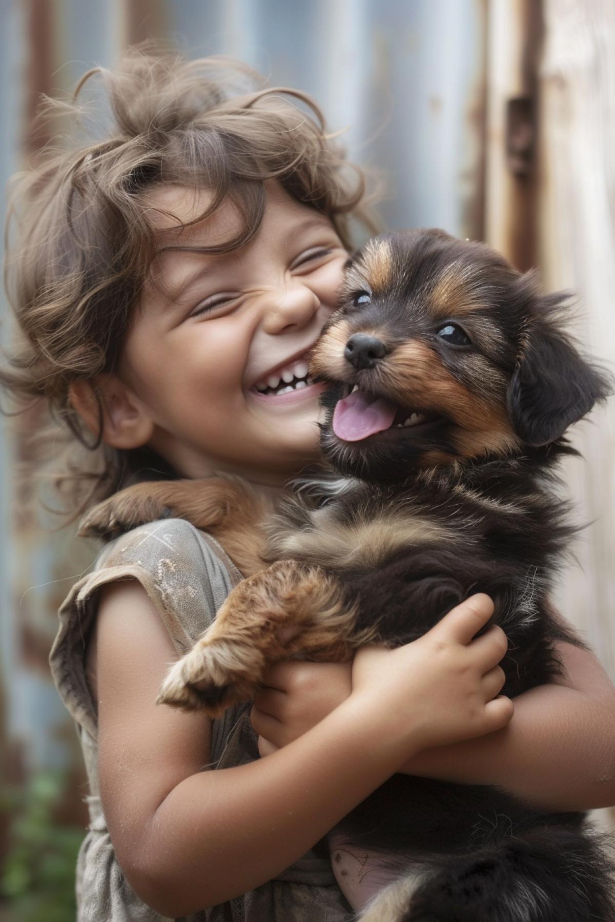 Happy child playing with a cheerful puppy, emotions, joy, cute, touching, photorealism