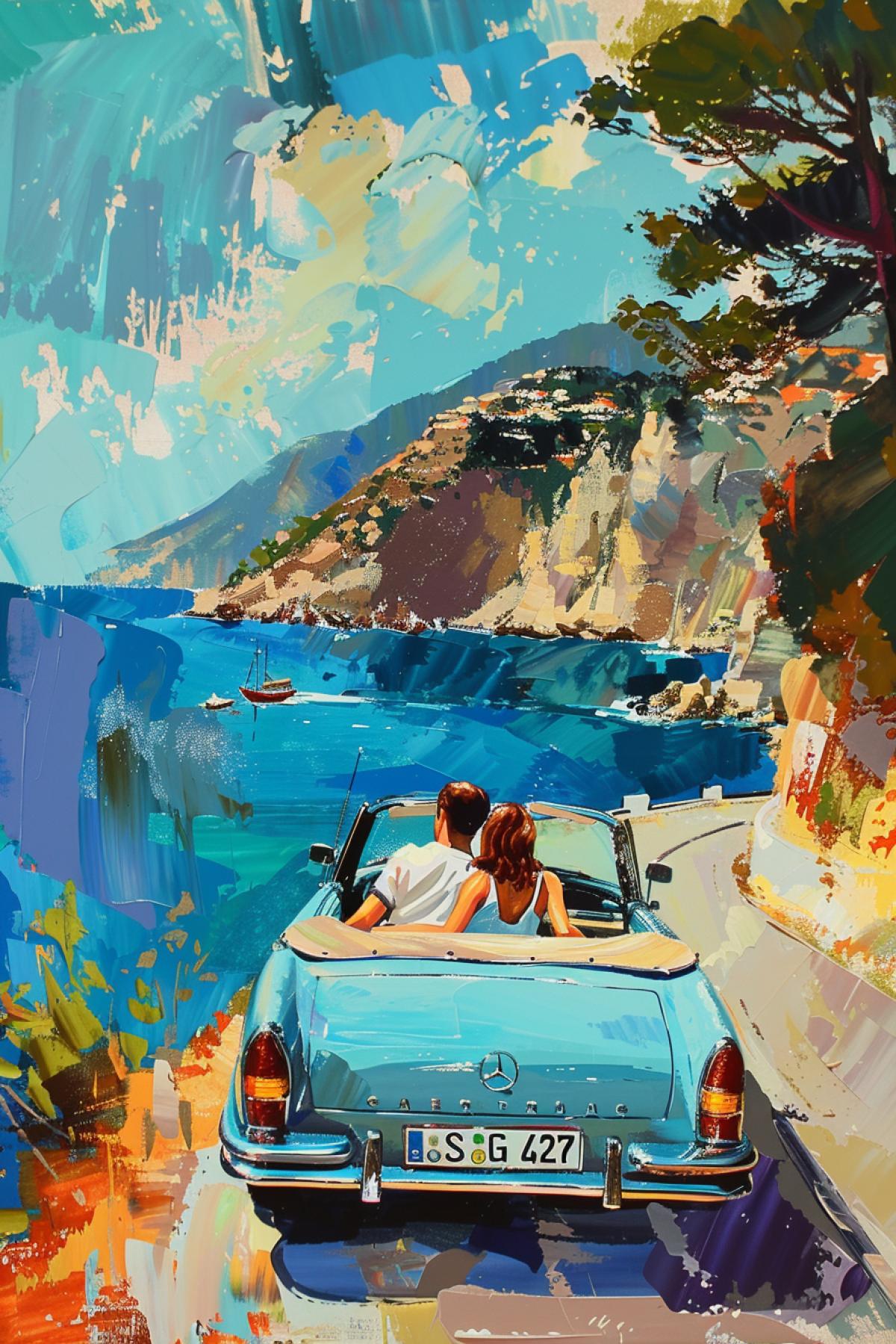 Mercedes convertible, girl and man in a car, on the seashore, serpentine road