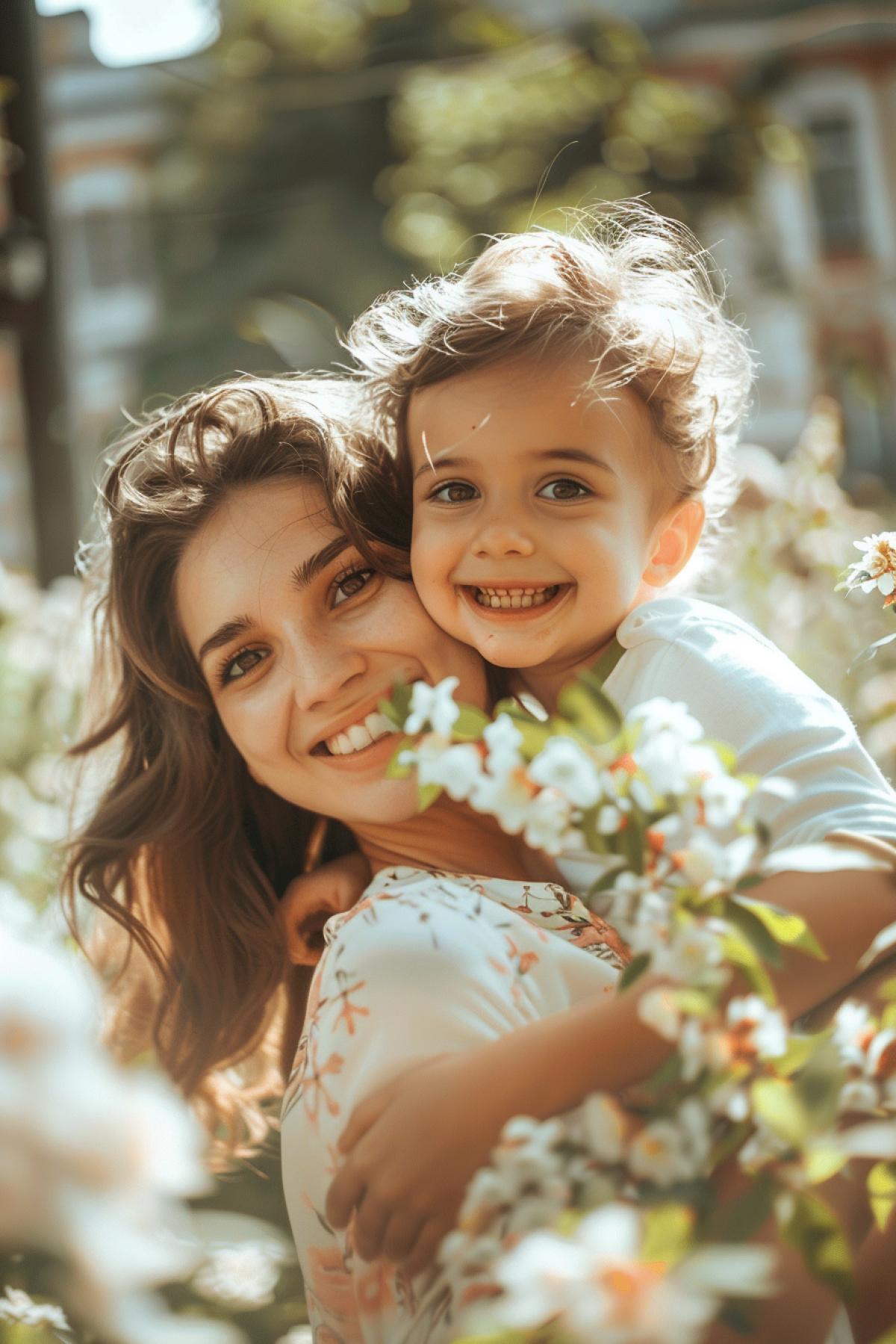 mother with a child in her hands, happy smile, sunny weather