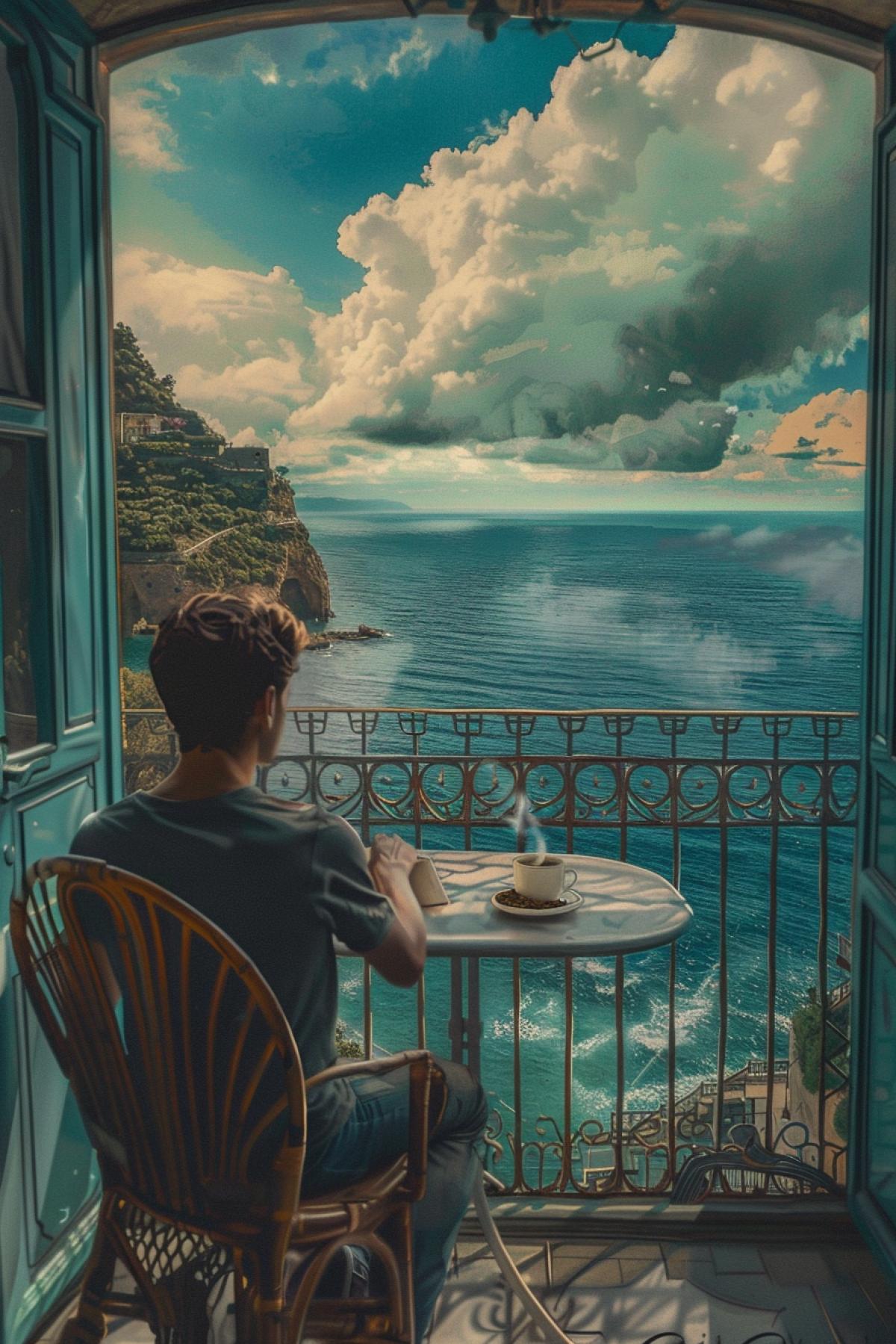 a man sits on a balcony overlooking the sea, a cup of hot coffee on the table