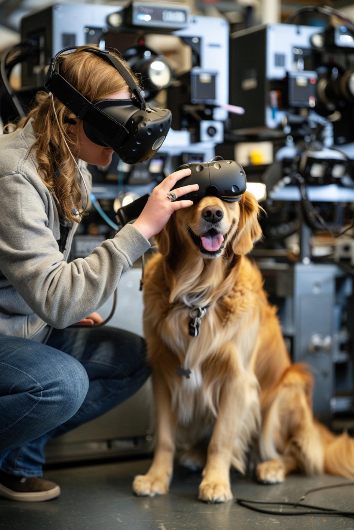 People in virtual helmets work on machines. One of them is petting a dog wearing a virtual helmet