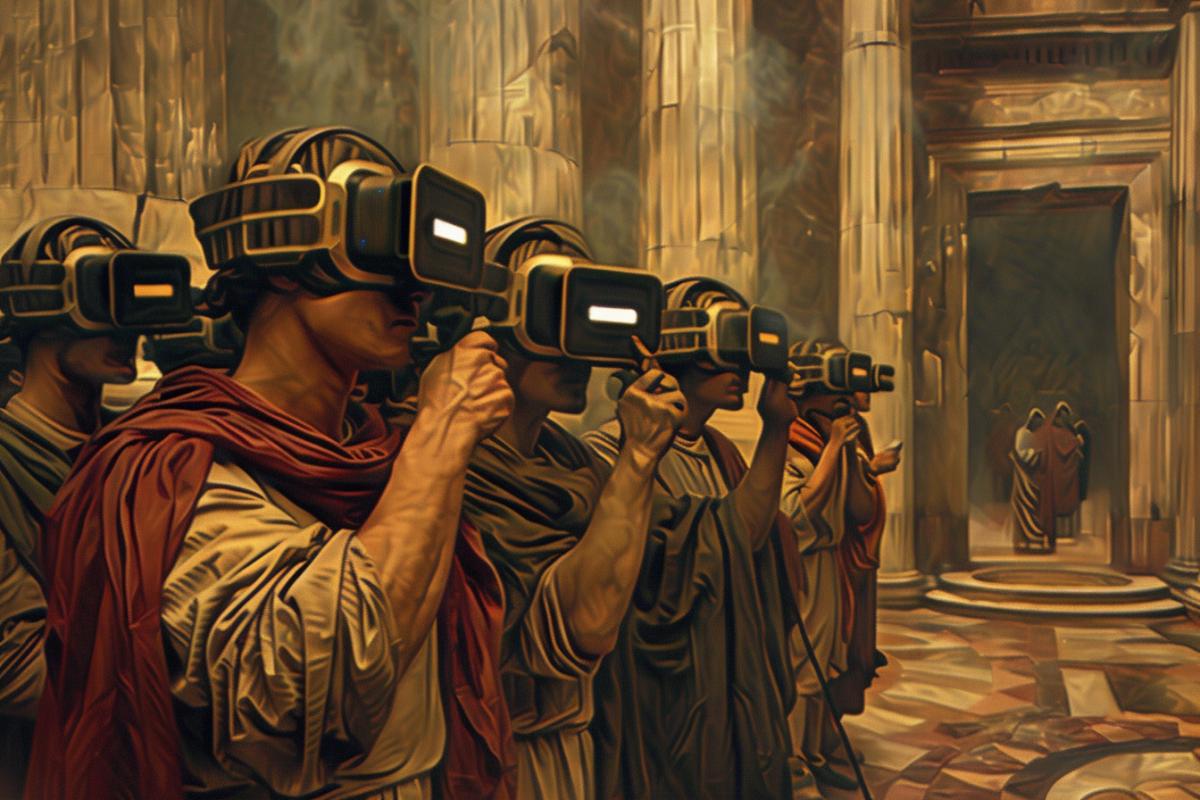 Ancient people wear virtual reality helmet