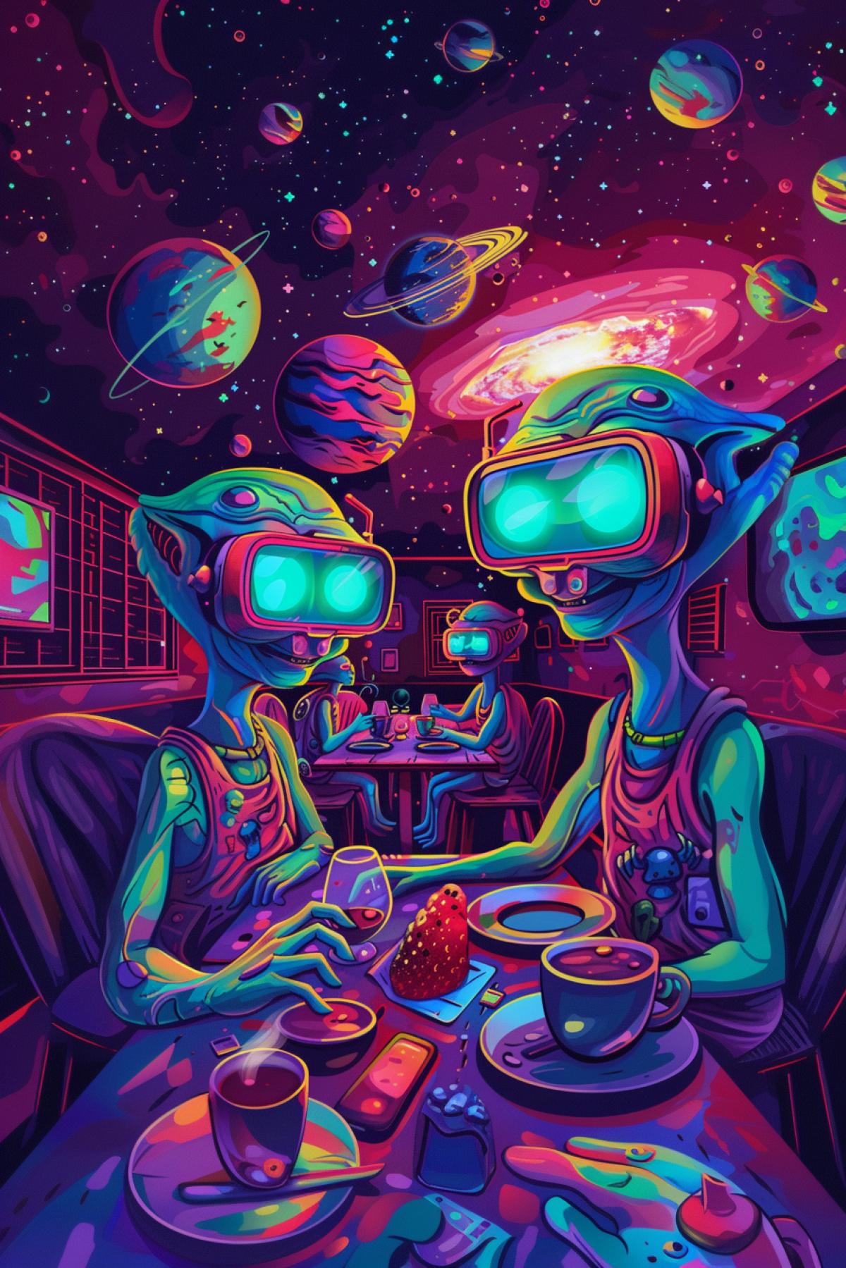 Cute aliens in virtual glasses, world of the future, cafe at the edge of the universe