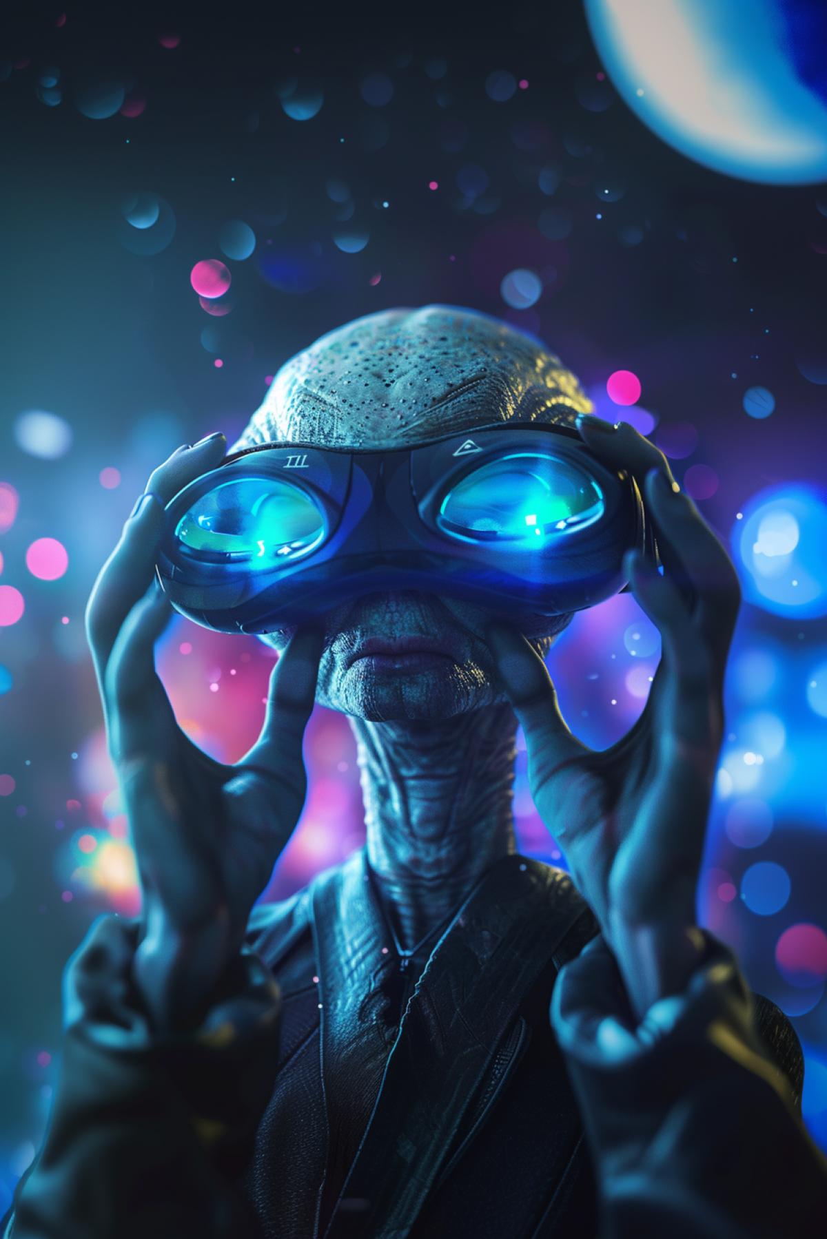 Cute aliens in virtual glasses, world of the future