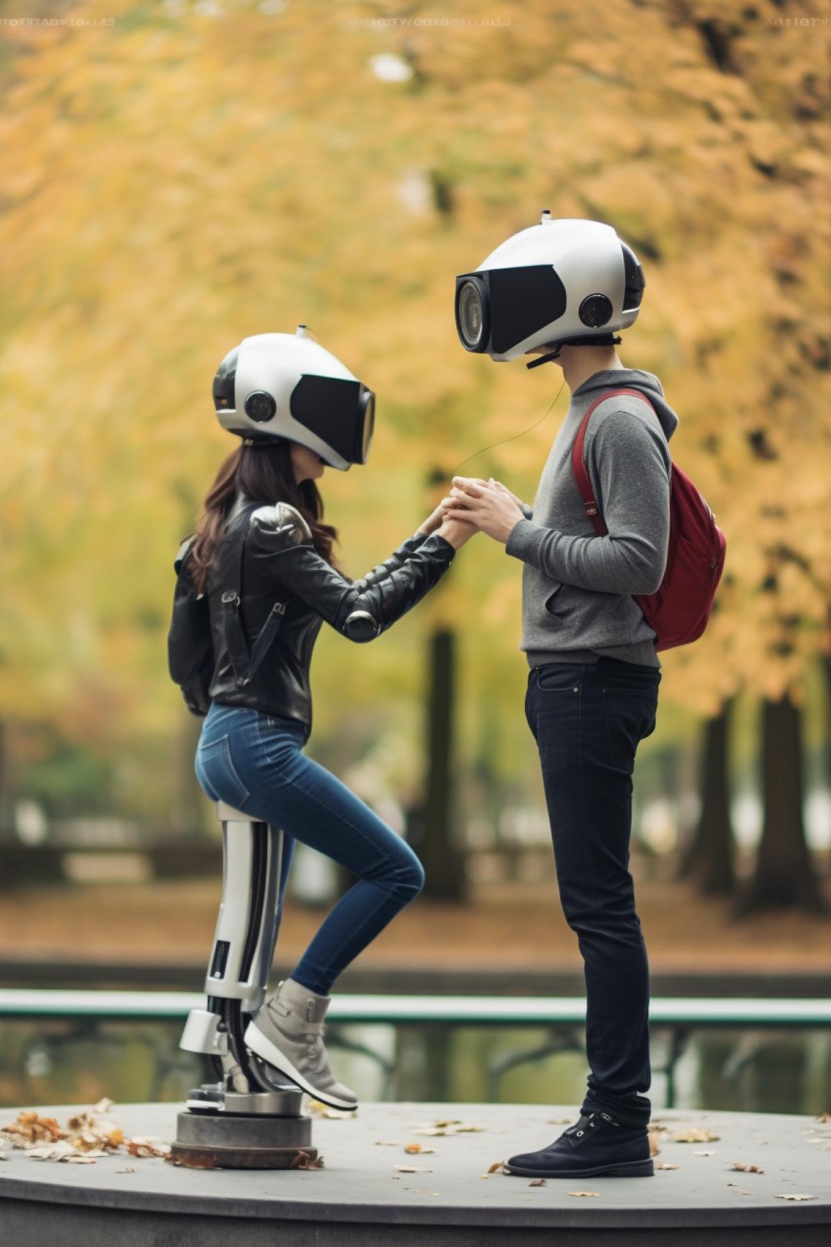 A man pro4ks to a girl while standing on one leg. The girl stands admiringly. Both have a virtual reality helmet on their head