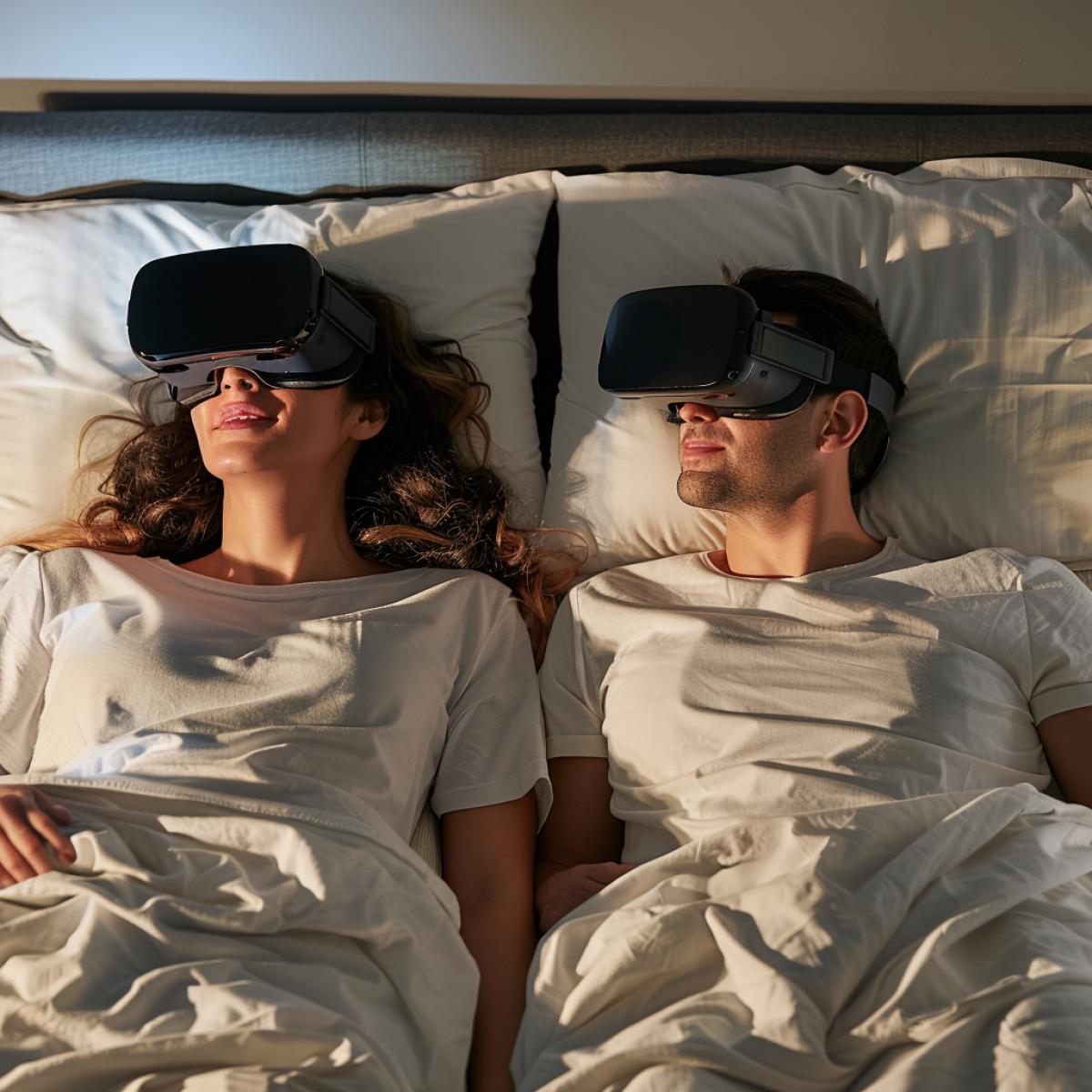 A couple lies in bed wearing vr headset