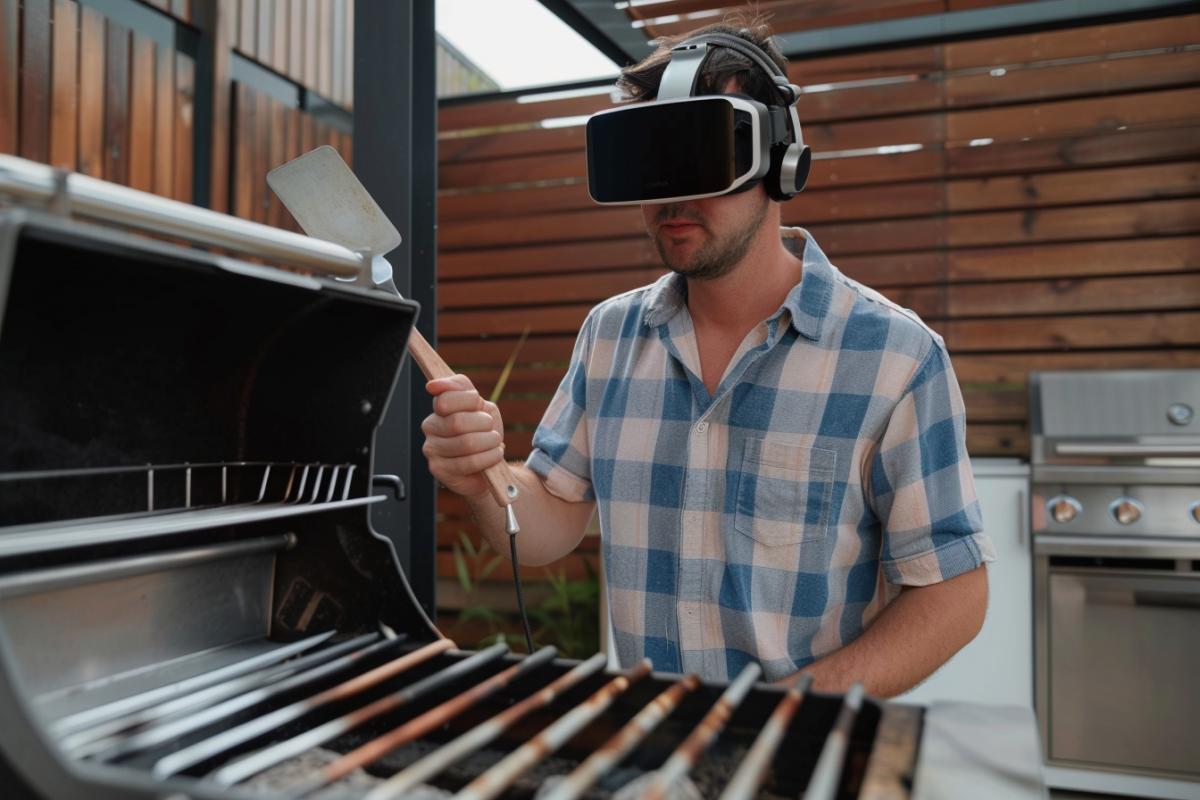 A man in virtual reality glasses picks with a culinary spatula in an empty grill