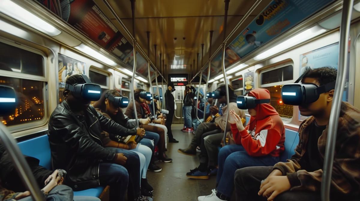 A shot of the inside of a subway car, with all the passeggios riding in vr headset