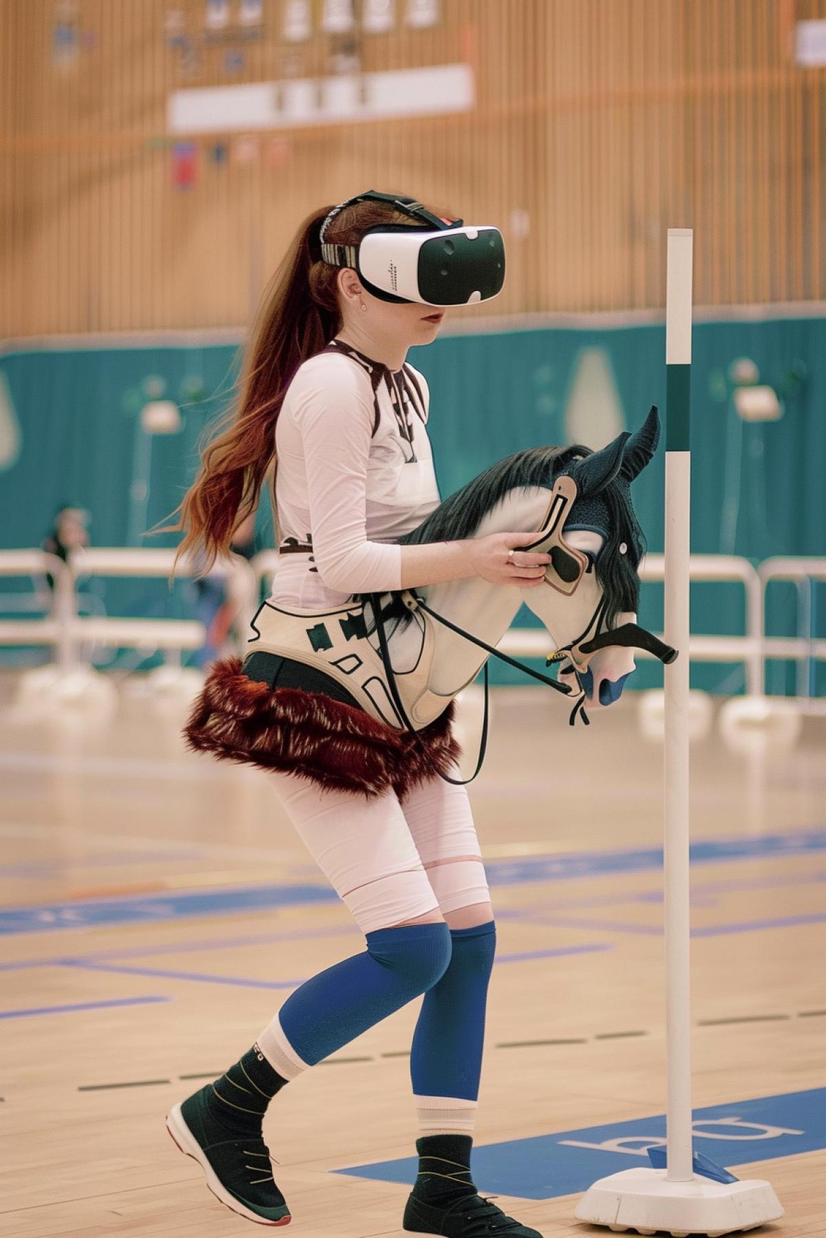 A girl with a horses head on a pole wearing virtual reality glasses. Hobbyhorsing