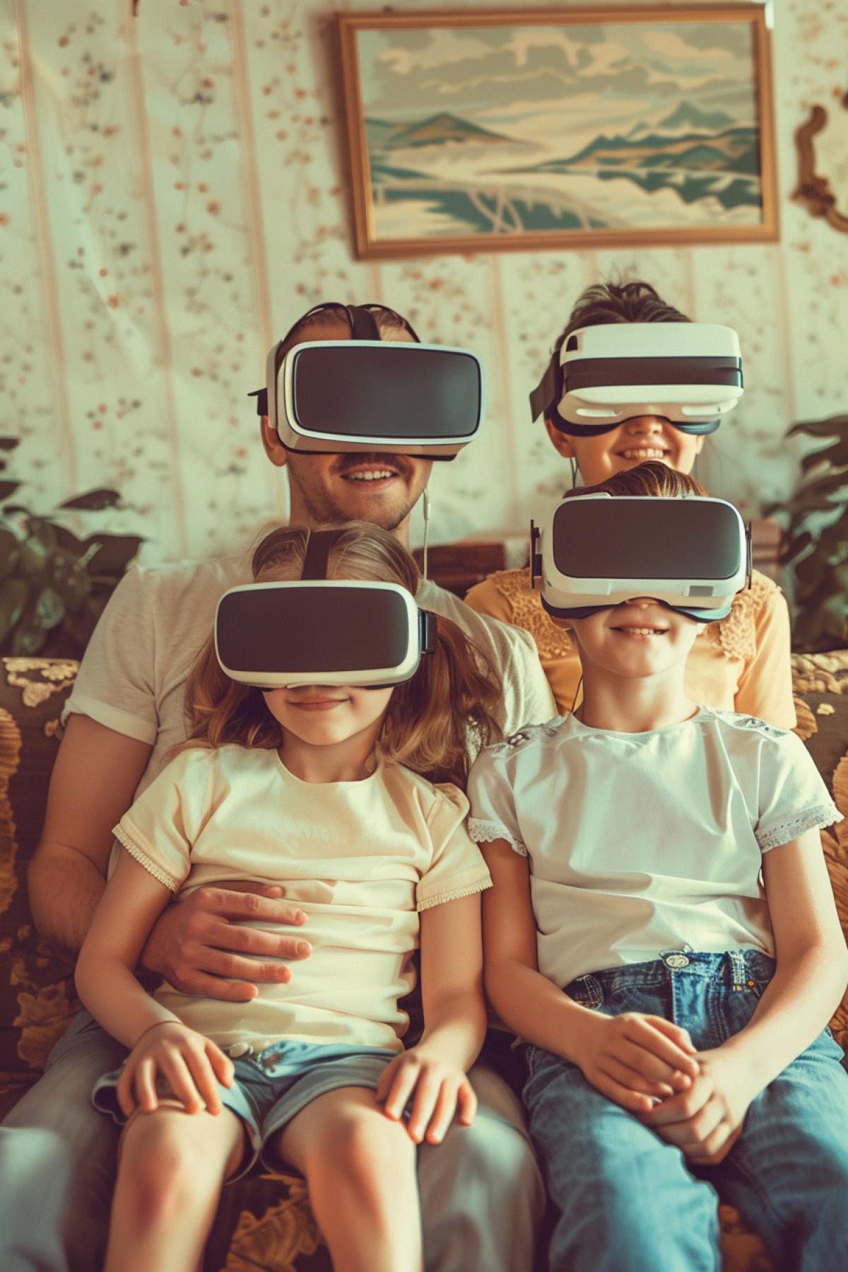 A photo of a happy family wearing vr headset, retro style