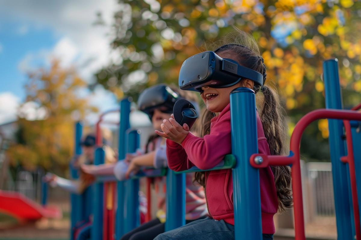 Photo of children playing on a playground wearing vr headset