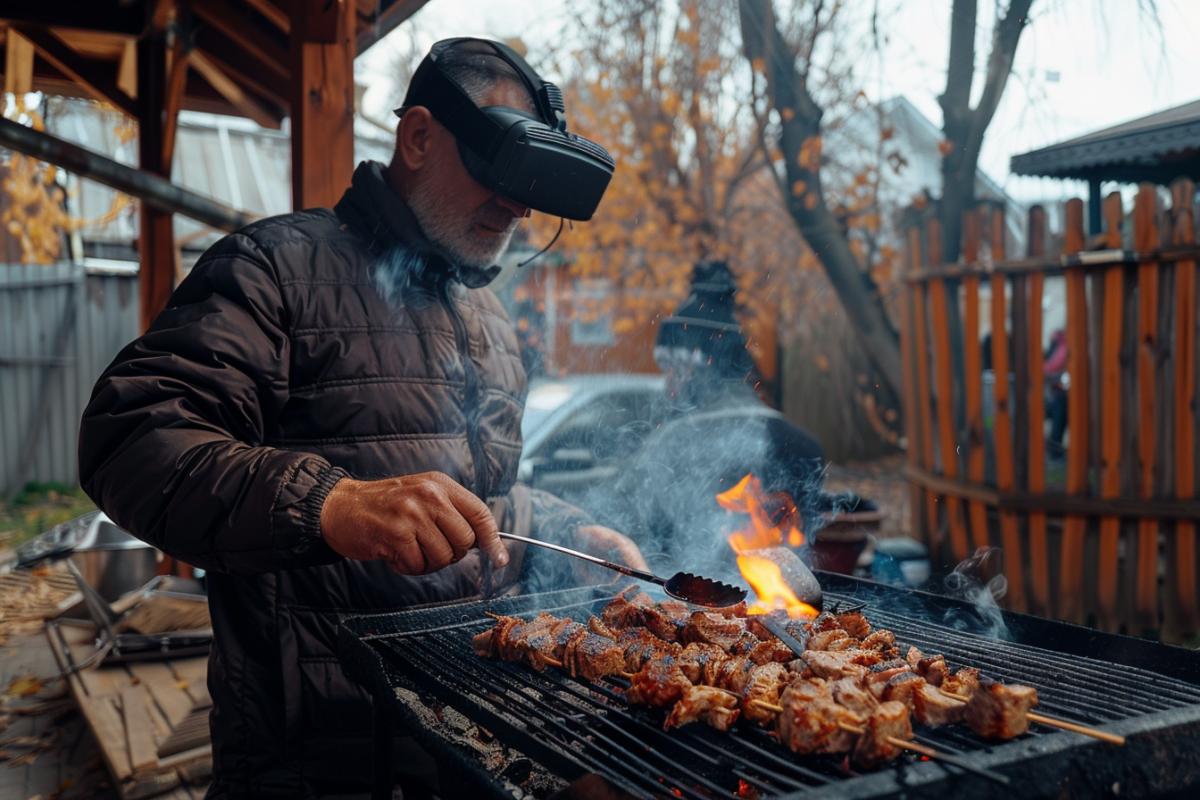A man grills shashlik on a grill at the dacha, wearing a VR helmet
