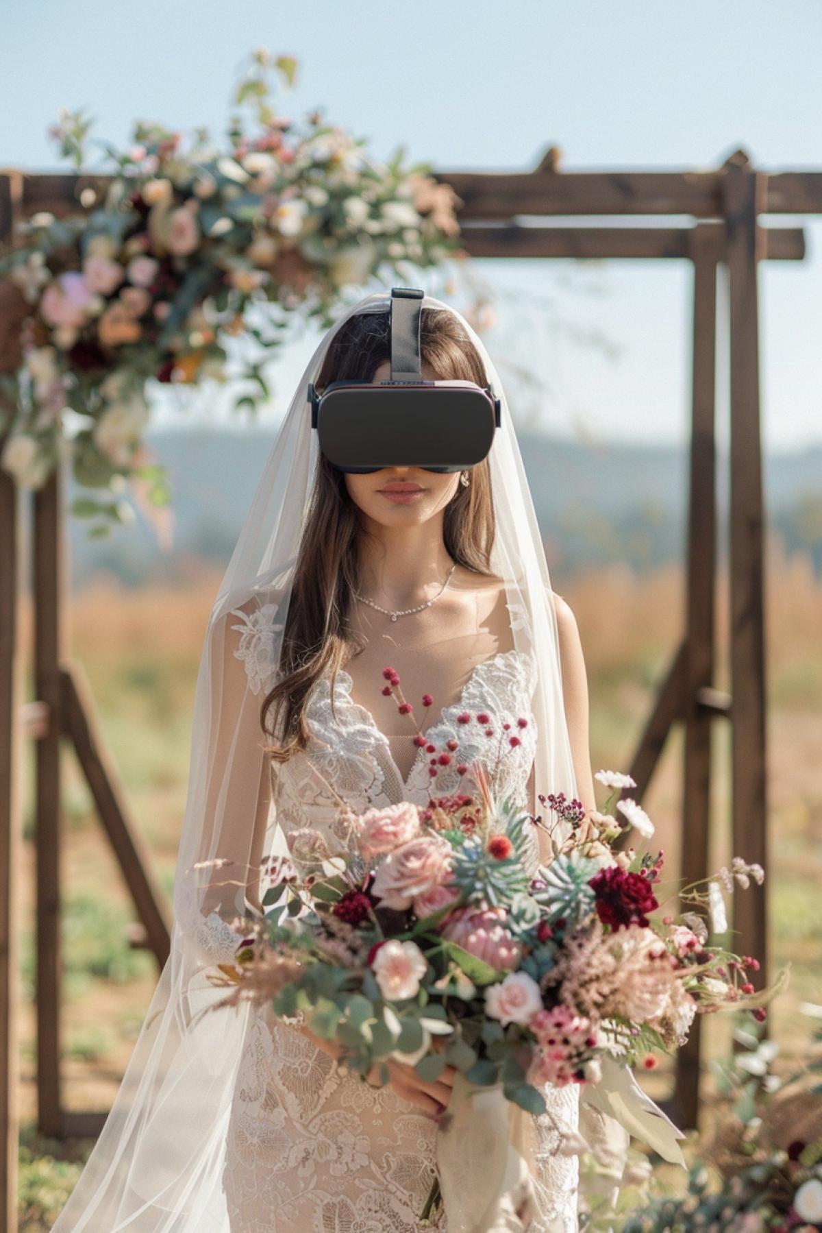 A photo of a beautiful woman in a wedding dress with a veil and a bouquet of flowers in her hands, wearing vr headset, standing alone in front of a wedding arch.