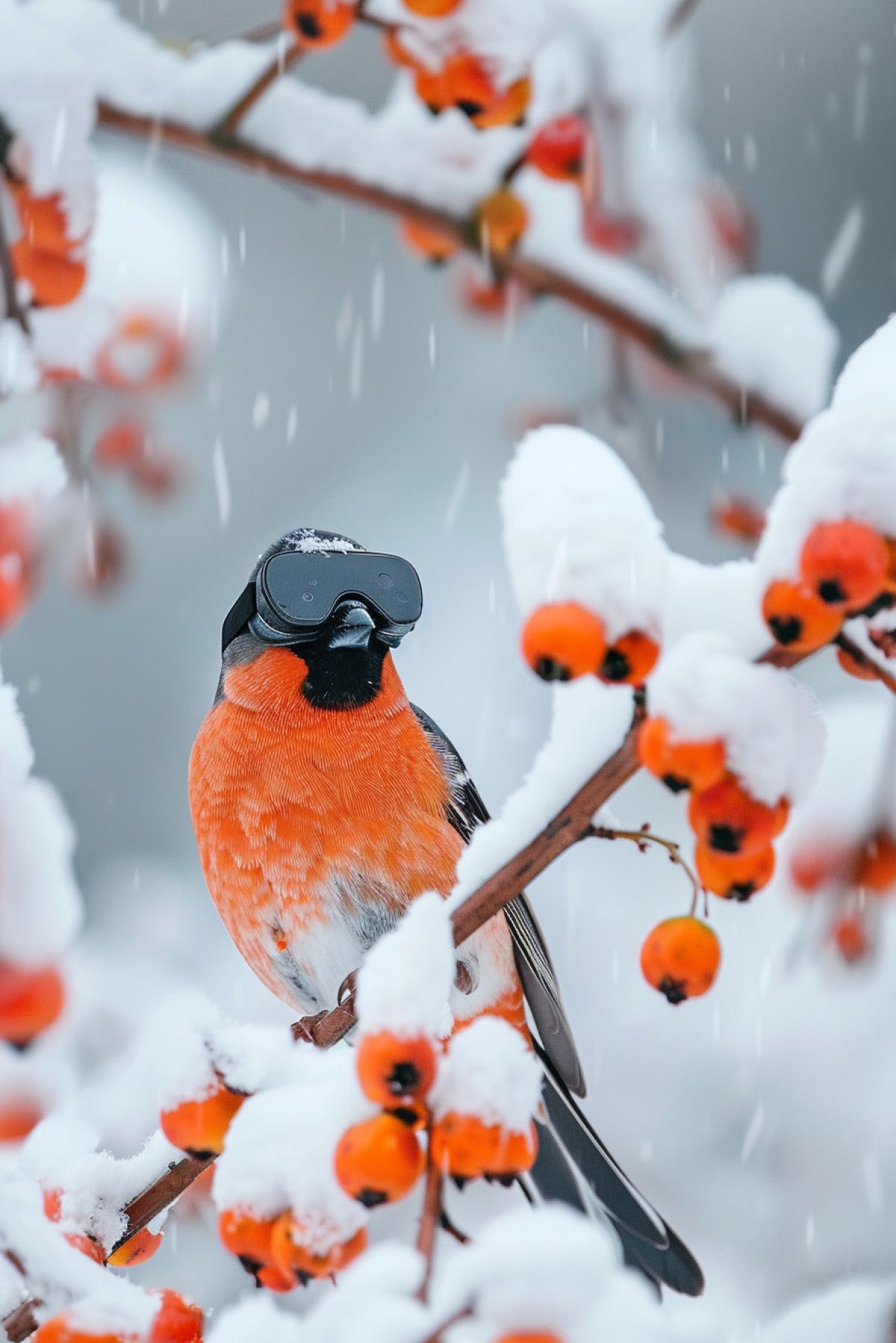 A bullfinch wearing virtual reality glasses on a snow-covered rowan branch.