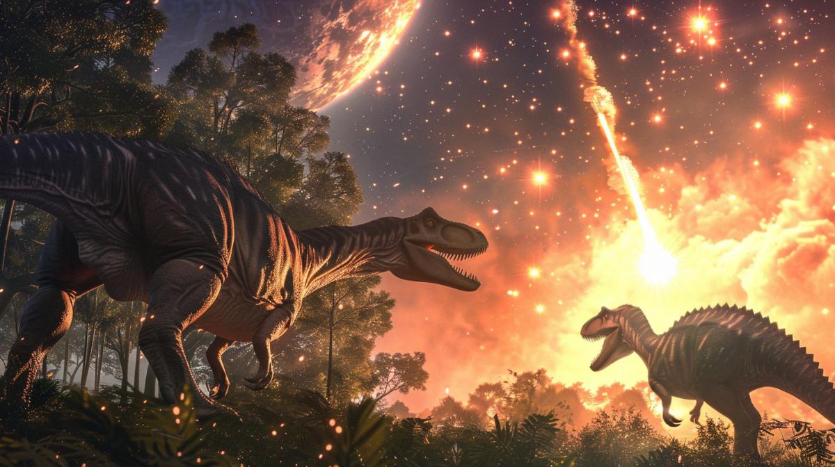 Dinosaurs watch the fall of a brightly colored aceroid