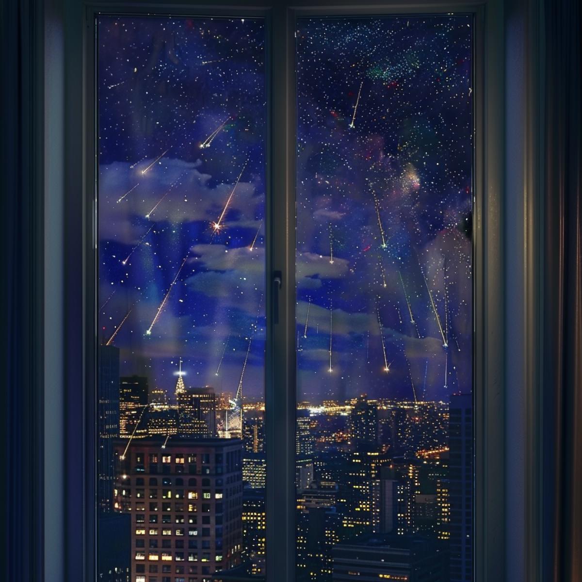 The view from the window of meteors falling on the night metropolis