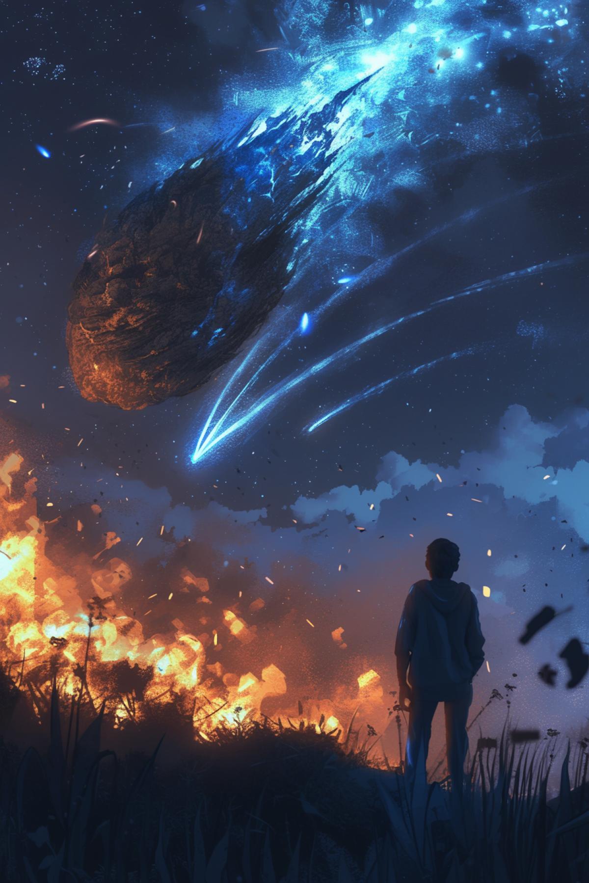 young man watching a large meteorite fall, multicolored lights , different colors, fantasy style, night, light in the night from the tail of the meteorite , , fantasy style, night, light in the night from the tail of the meteorite, light in the night from the tail of the meteorite , by Jakub Rozalski, realistic depiction of light, light blue and silver, solarizing master, cut/ripped, energetic frenzy, hard lines, in dynamics, highly detailed, packed with hidden details, style, high dynamic range, hyper realistic, realistic attention to detail, highly detailed, 32K, intense close ups, uhd image, realism, colorful realism