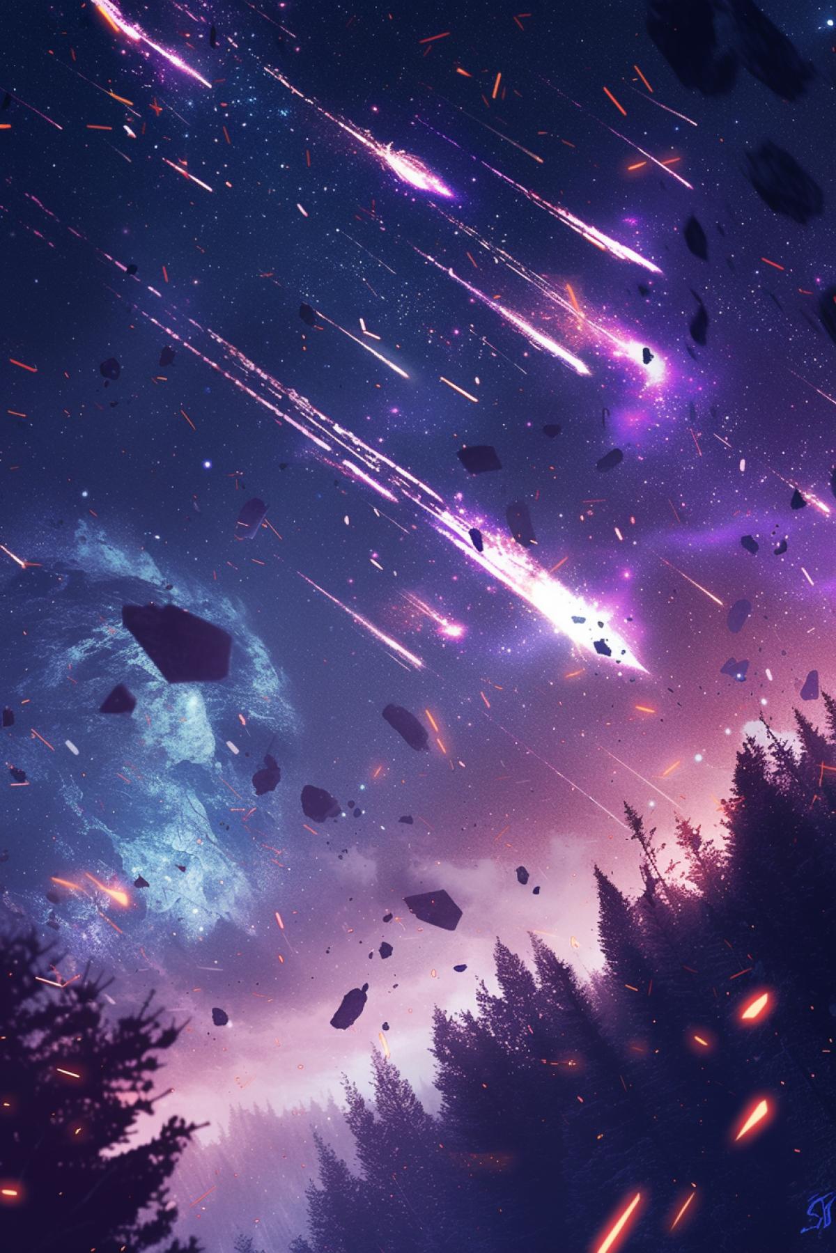 falling meteorite , falling pieces of stars in the night sky, fantasy style, different colors, cool tones, nighttime , in dynamics, highly detailed, packed with hidden details, style, high dynamic range, hyper realistic, realistic attention to detail, highly detailed, 32K, intense close ups, uhd image, realism, colorful realism, masterpiece, concept art, anime, 2D, 3D, painting, mangacore, cartooncore, game art, semi realistic, photo realistic, hyper realistic, hyper detailed