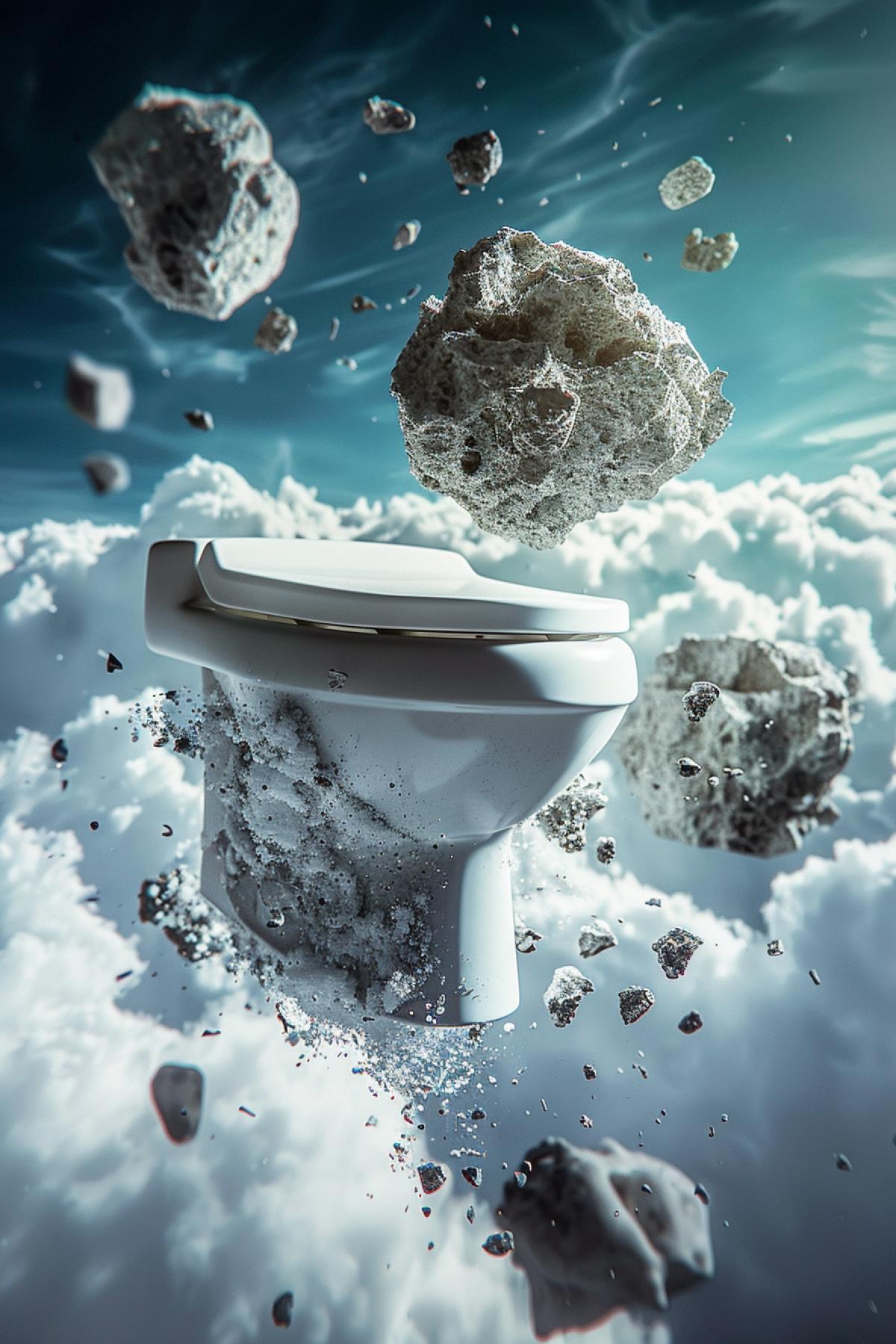 the toilet bowl in the form of a meteorite flies to the planet earth. High detail, realism, high contrast