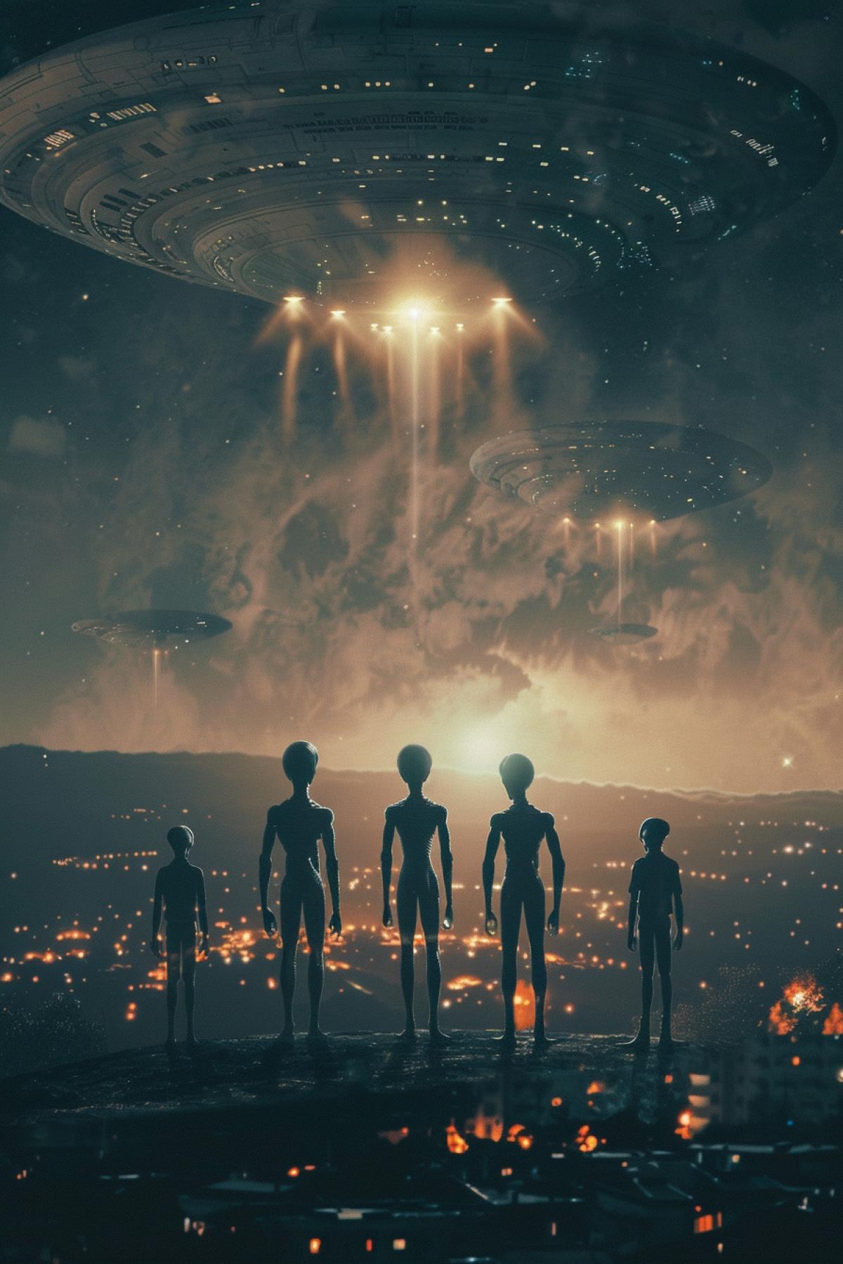 Several frightened extraterrestrial humanoids standing upon big asteroid flying through earth atmosphere unto small industrial town