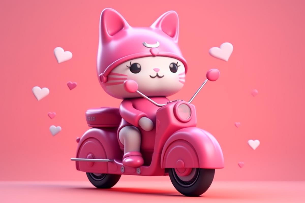 Cute cartoon cat princess rides a pink motorcycle