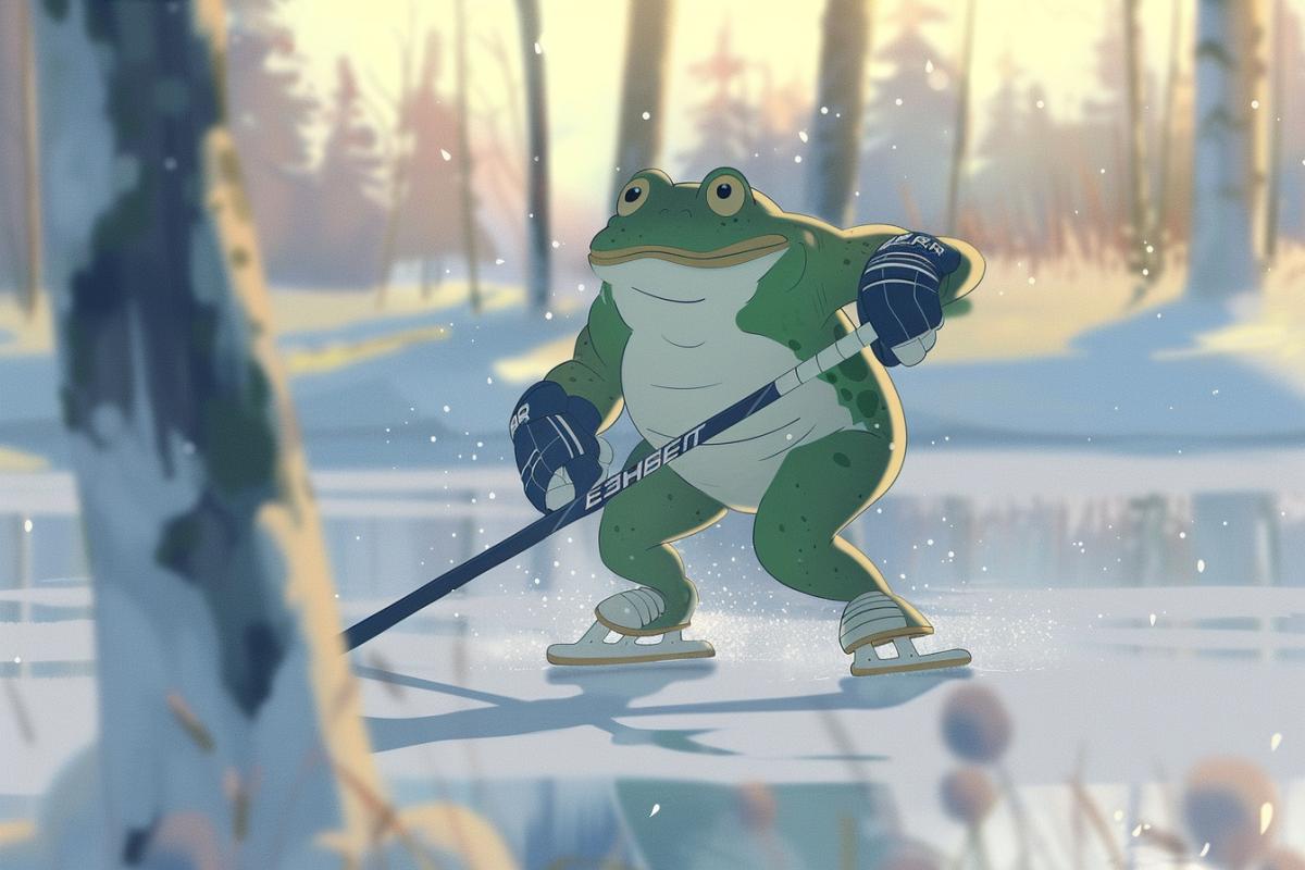Soviet-style animated frog hockey player, depicted with soft lines and gentle shading, easily gliding across the ice with a determined expression. The scene is set in a snowy, picturesque forest clearing, evoking a sense of nostalgia and charm