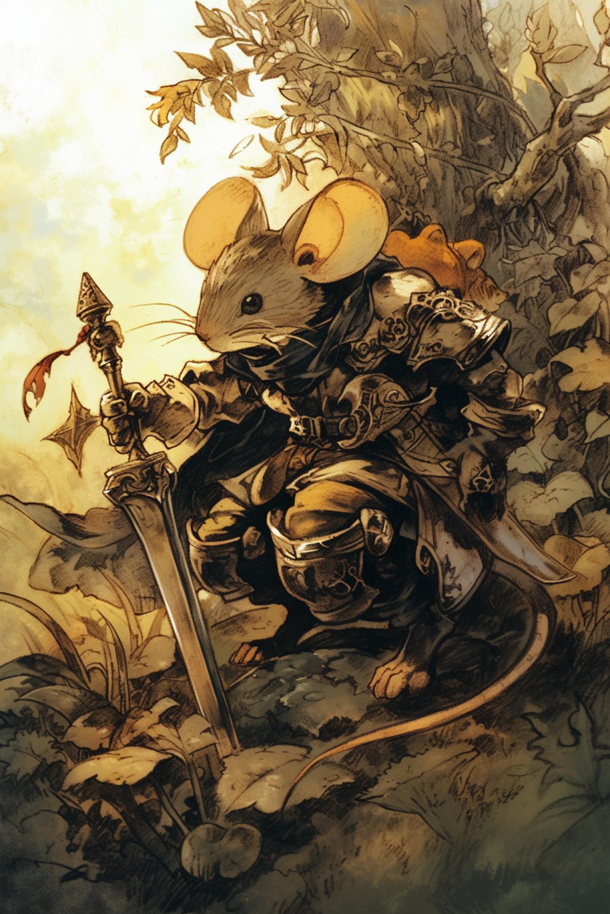 mouse knight, illustration in a childrens book, drawing with colored pencils, dark lines, armor, a sword in a sheath lies nearby, DND style, Kazuo Oga Ghibli Background ArtColor Style. Neutral Emotions, Only Background, Light Colors, Little Saturation, detailed costumes