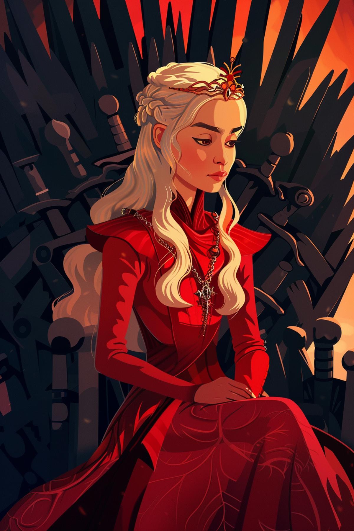 Daenerys Targaryen from Game of Thrones in the style of a classic cartoon character from the 90s 2000, sitting on the iron throne, dressed in a red Welsh dress, Welsh crown, nostalgic atmosphere
