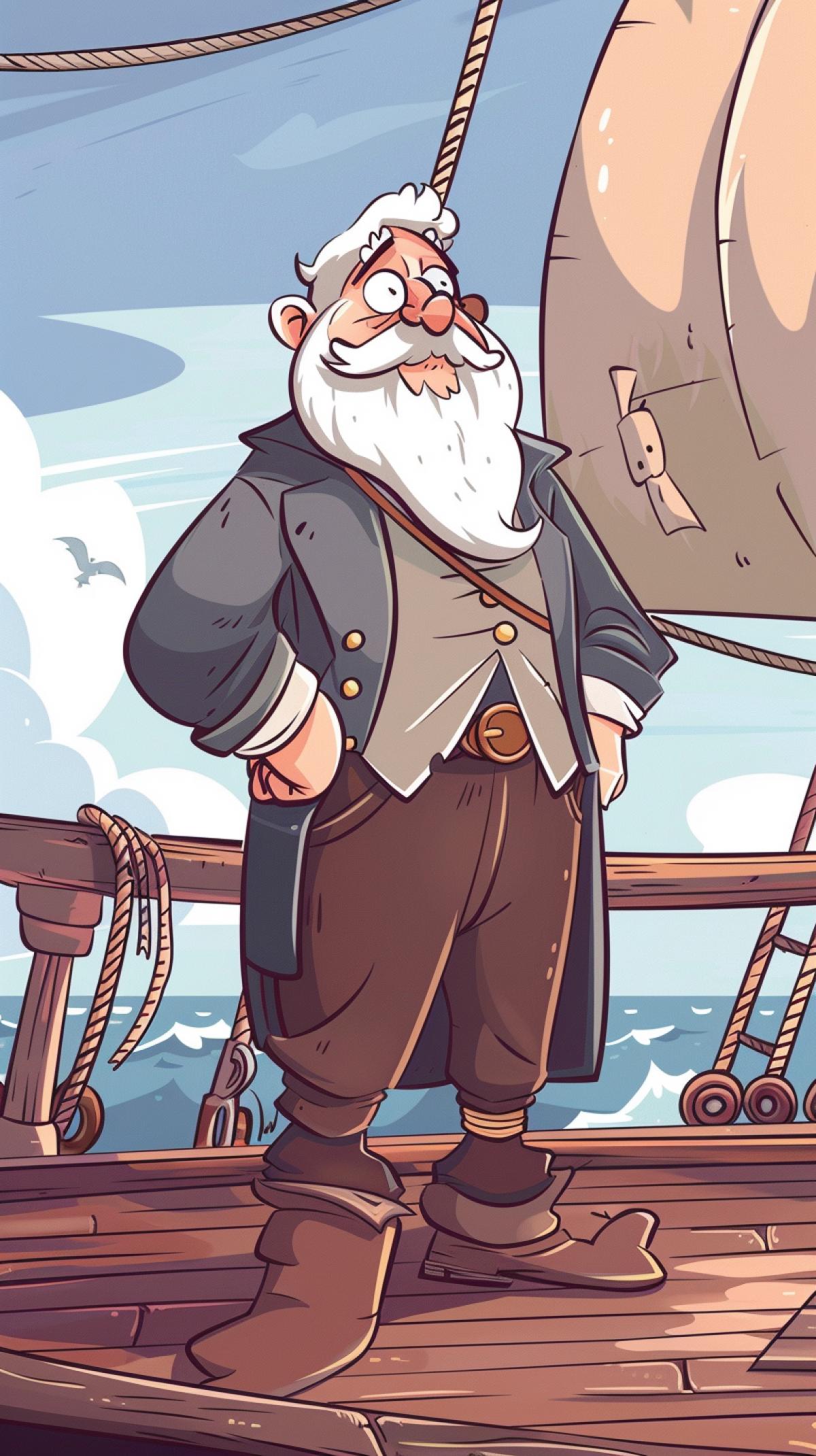 Drawing in cartoon style. Good-natured barmaley on the deck of a ship