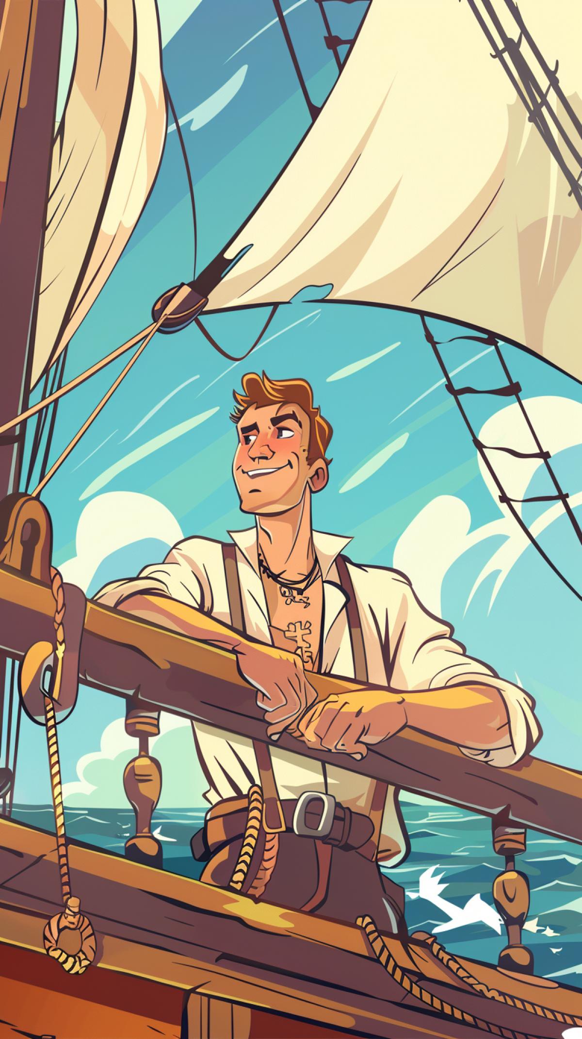 Drawing in cartoon style. Good-natured barmaley on the deck of a ship