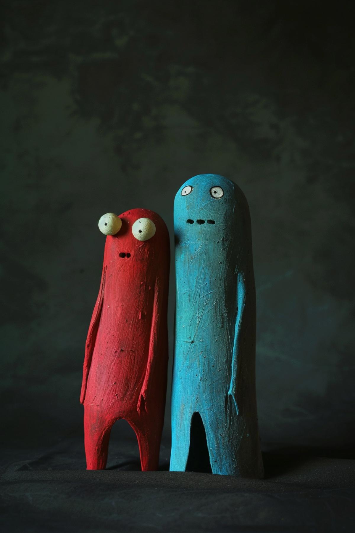 painted two cartoon monsters standing on top of a dark background, in the style of intentionally canvas, minimalist still lifes, dark crimson and sky-blue, slumped/draped, shot on 70mm, carpetpunk, candid moments captured
