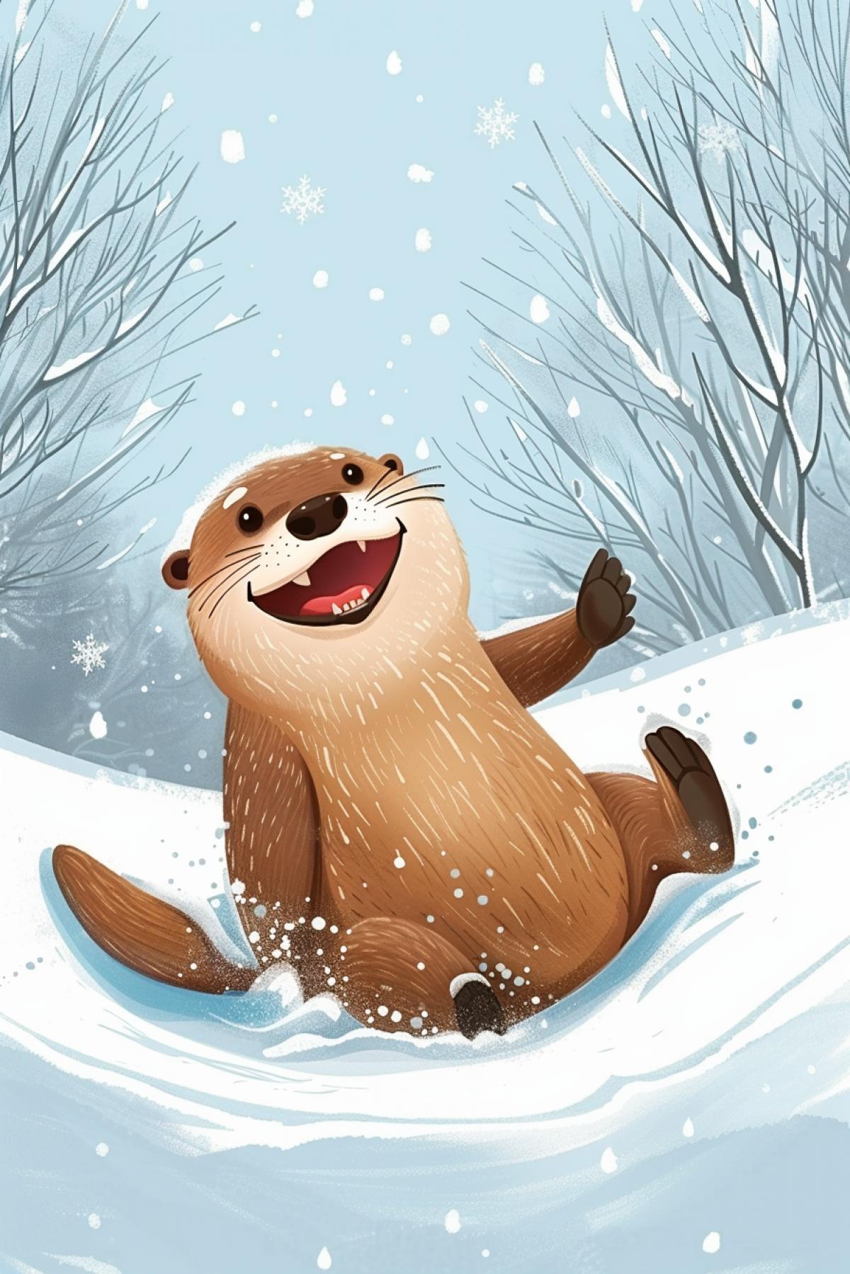 A playful otter sliding down a snowy hill, depicted in a fun, cartoon-style, highlighting the sense of motion and joy